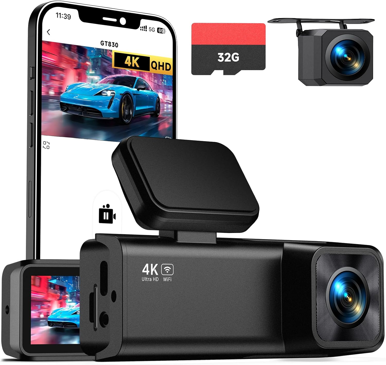 E-YEEGER 4K + 1080P Dash Cam Front & Rear – Dual Channel Car Camera with Night Vision, 1.97” IPS Screen, G-Sensor & 24H Parking Mode (32GB Included)