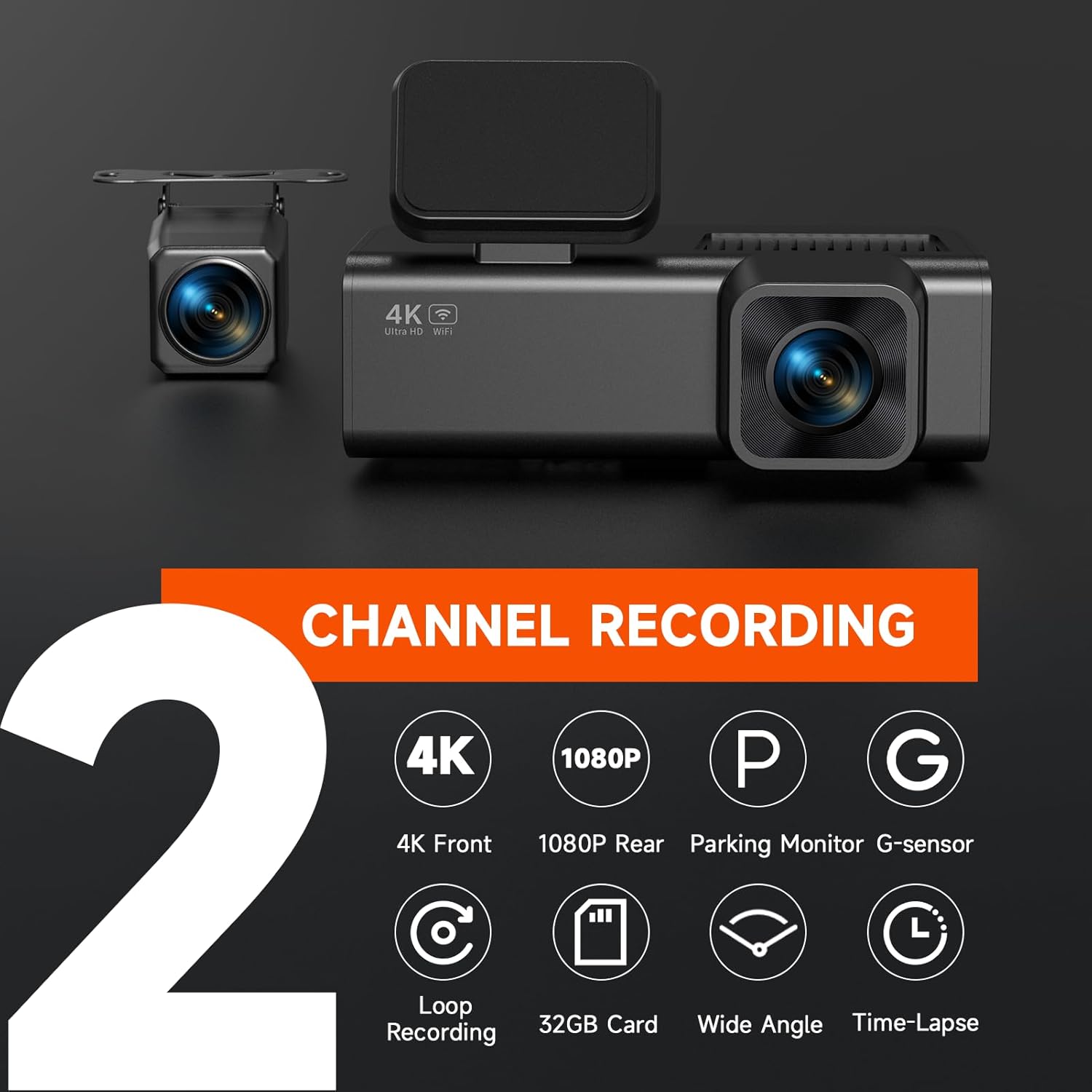 ORANGLES E-YEEGER 4K + 1080P Dash Cam Front & Rear – Dual Channel Car Camera with Night Vision, 1.97” IPS Screen, G-Sensor & 24H Parking Mode (32GB Included) - full product showcase - Image 5 of 5 | suitable for professionals | Florida | Free Shipping ORANGLES
