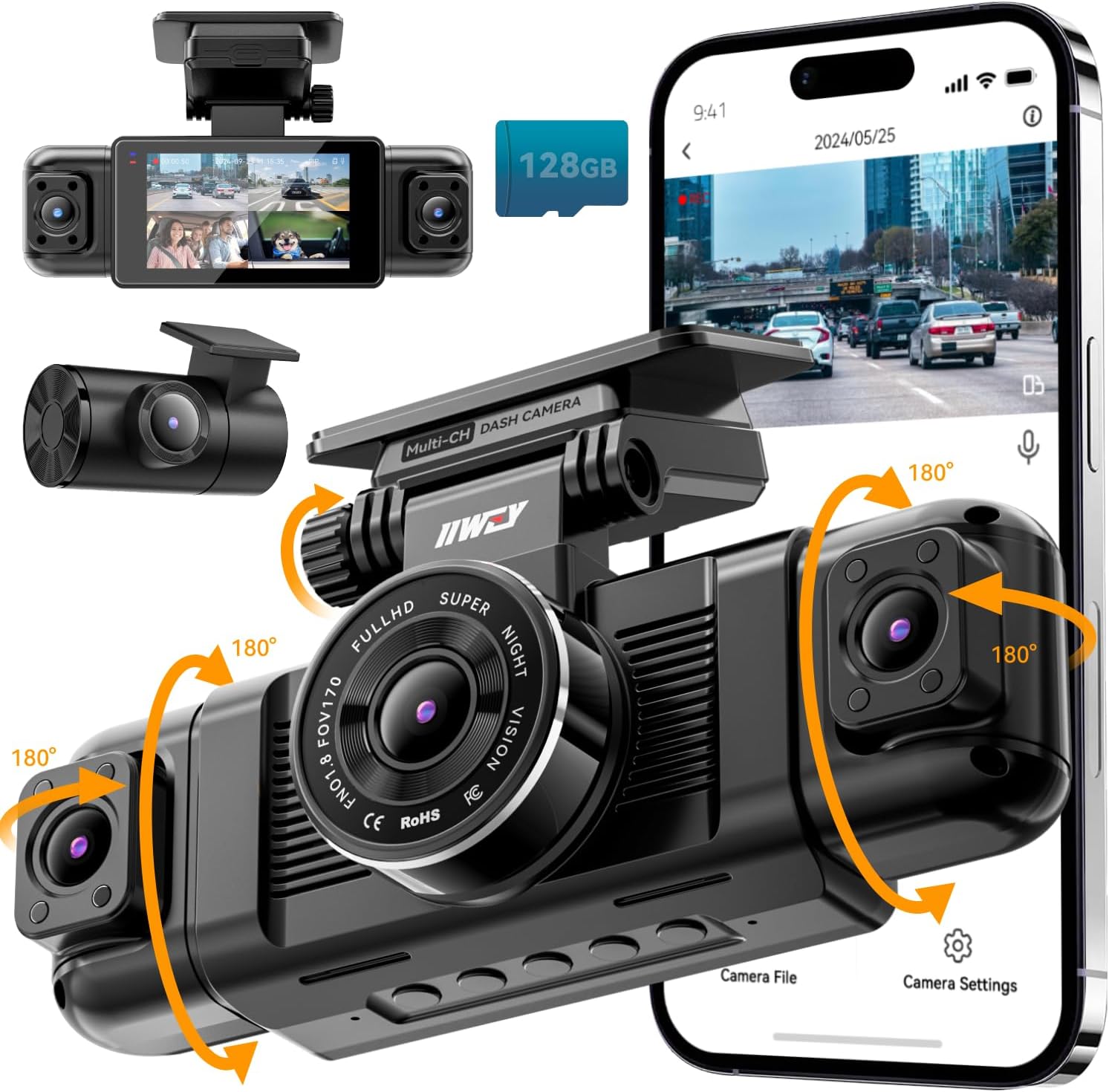 IIWEY N5 4-Channel 360° Dash Cam – Front, Rear, Inside, Left & Right Car Camera with 5G WiFi, IR Night Vision, Parking Mode & 128GB SD Card