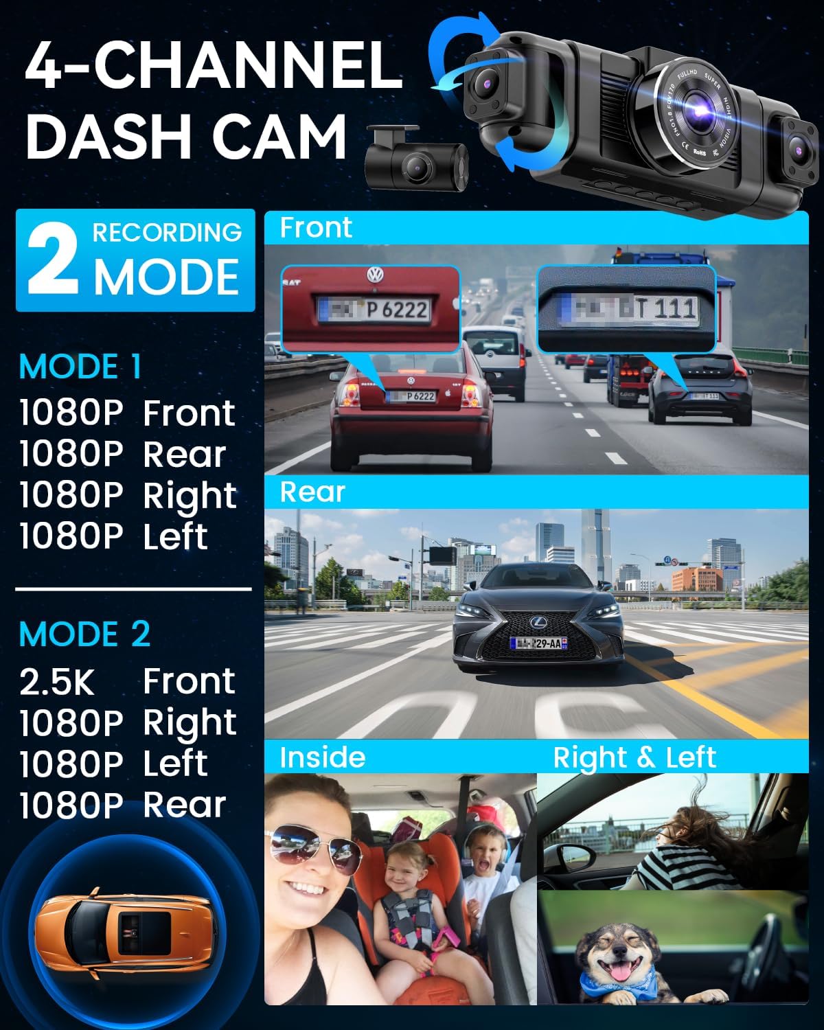 ORANGLES IIWEY N5 4-Channel 360° Dash Cam – Front, Rear, Inside, Left & Right Car Camera with 5G WiFi, IR Night Vision, Parking Mode & 128GB SD Card - angled perspective - Image 4 of 5 | excellent for daily use | New York | Free Shipping ORANGLES