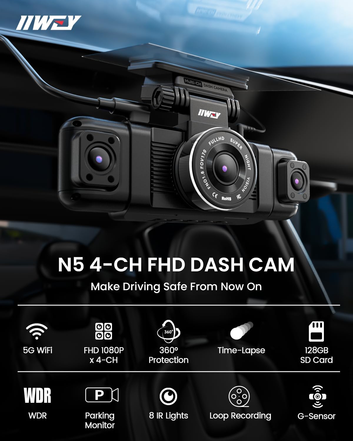 ORANGLES IIWEY N5 4-Channel 360° Dash Cam – Front, Rear, Inside, Left & Right Car Camera with 5G WiFi, IR Night Vision, Parking Mode & 128GB SD Card - full product showcase - Image 5 of 5 | suitable for professionals | Florida | Free Shipping ORANGLES