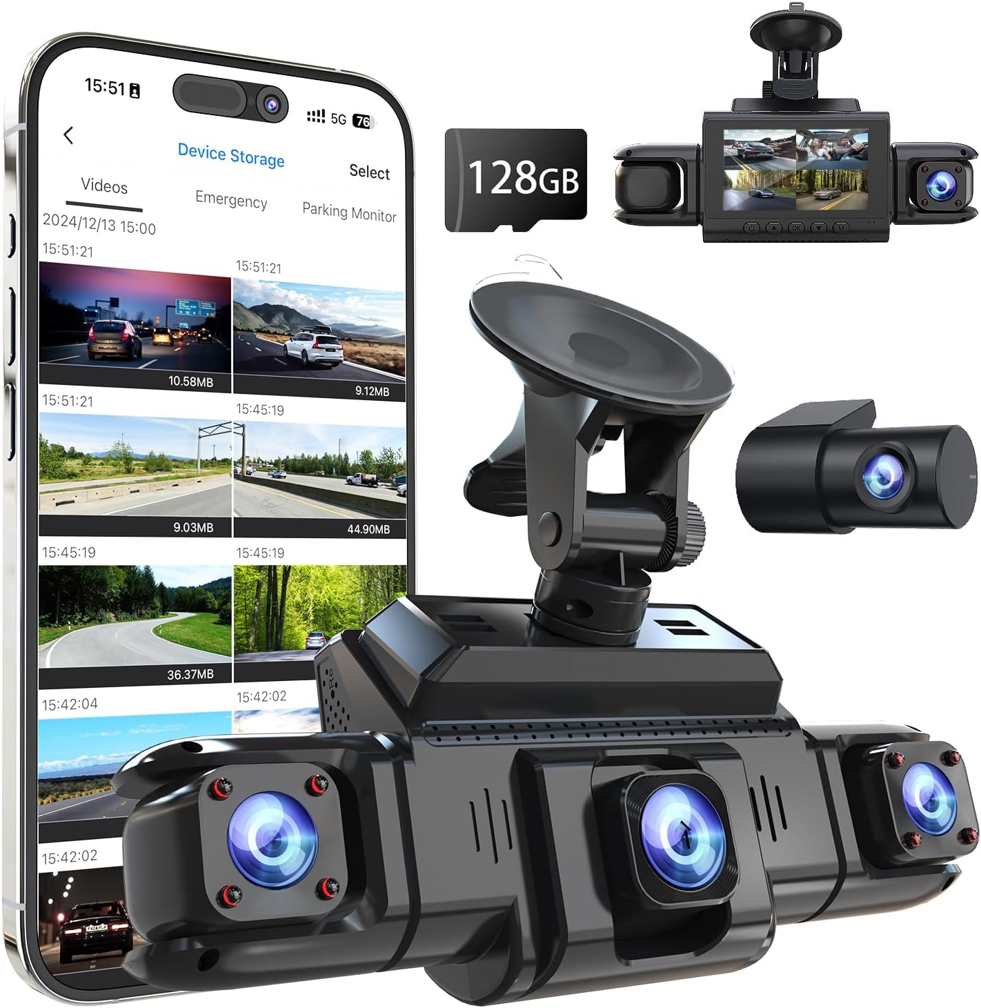 360° 4-Channel Dash Cam Front, Rear, Left, Right & Inside – GPS, 5G WiFi, Night Vision, WDR, Supercapacitor & 24H Parking Mode with 128GB Card