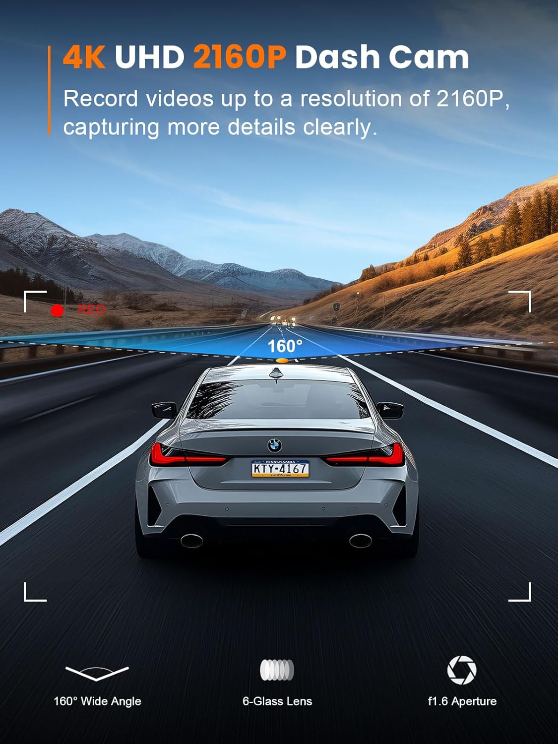 ORANGLES galphi 4K Dash Cam Front – Mini Car Camera with 5G WiFi, Super Night Vision, 24H Parking Monitor & 64GB Card Included - angled perspective - Image 4 of 5 | excellent for daily use | New York | Free Shipping ORANGLES