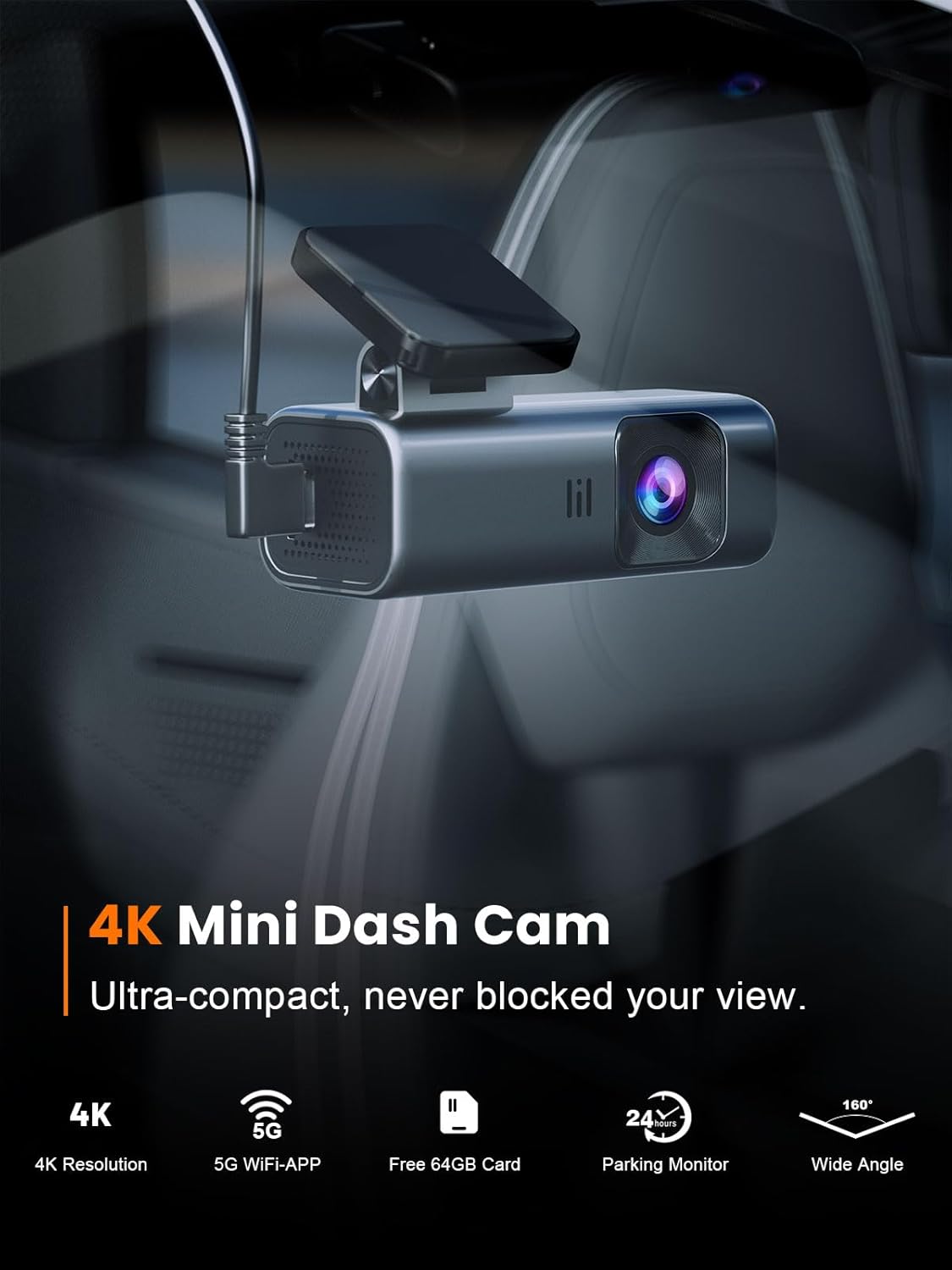ORANGLES galphi 4K Dash Cam Front – Mini Car Camera with 5G WiFi, Super Night Vision, 24H Parking Monitor & 64GB Card Included - full product showcase - Image 5 of 5 | suitable for professionals | Florida | Free Shipping ORANGLES