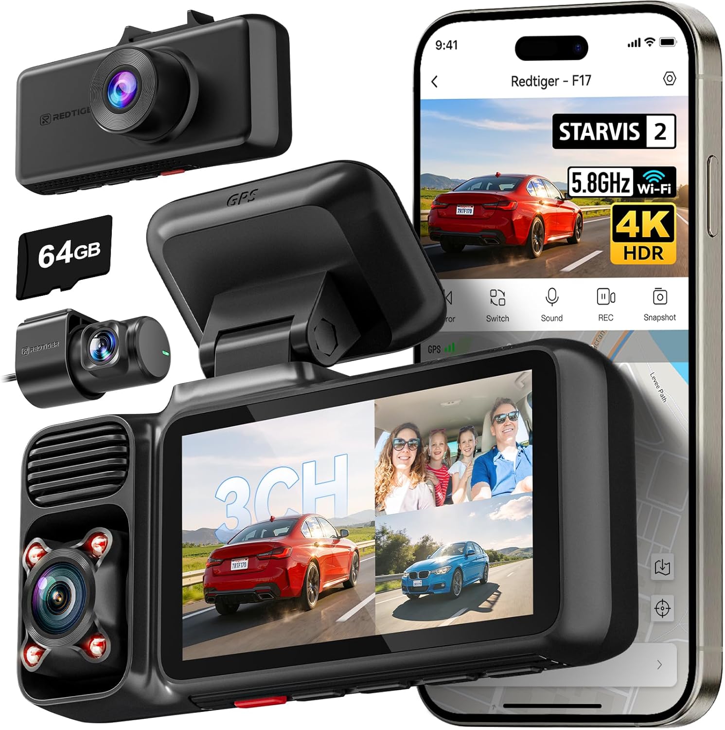 REDTIGER F17 4K 3-Channel Dash Cam – STARVIS 2 IMX675 HDR Front, Inside & Rear Car Camera with 5.8GHz WiFi, GPS & IR Night Vision