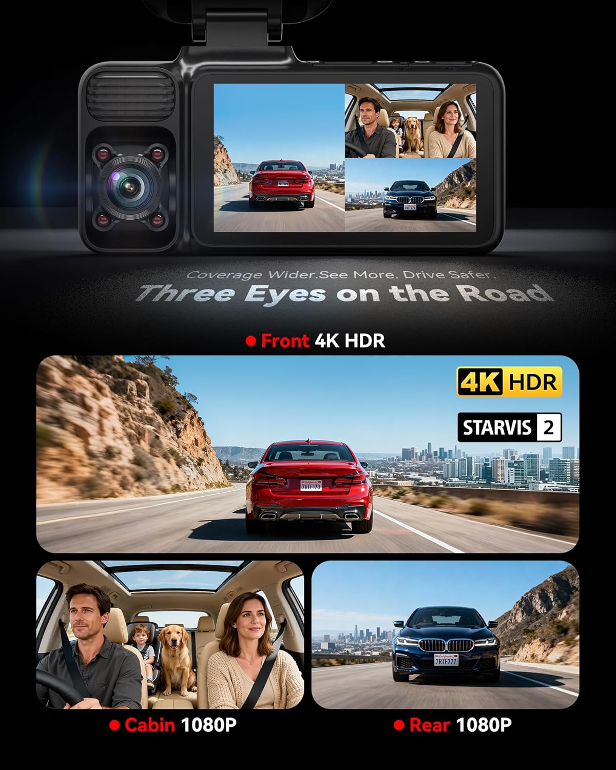 ORANGLES REDTIGER F17 4K 3-Channel Dash Cam – STARVIS 2 IMX675 HDR Front, Inside & Rear Car Camera with 5.8GHz WiFi, GPS & IR Night Vision - full product showcase - Image 5 of 5 | suitable for professionals | Florida | Free Shipping ORANGLES