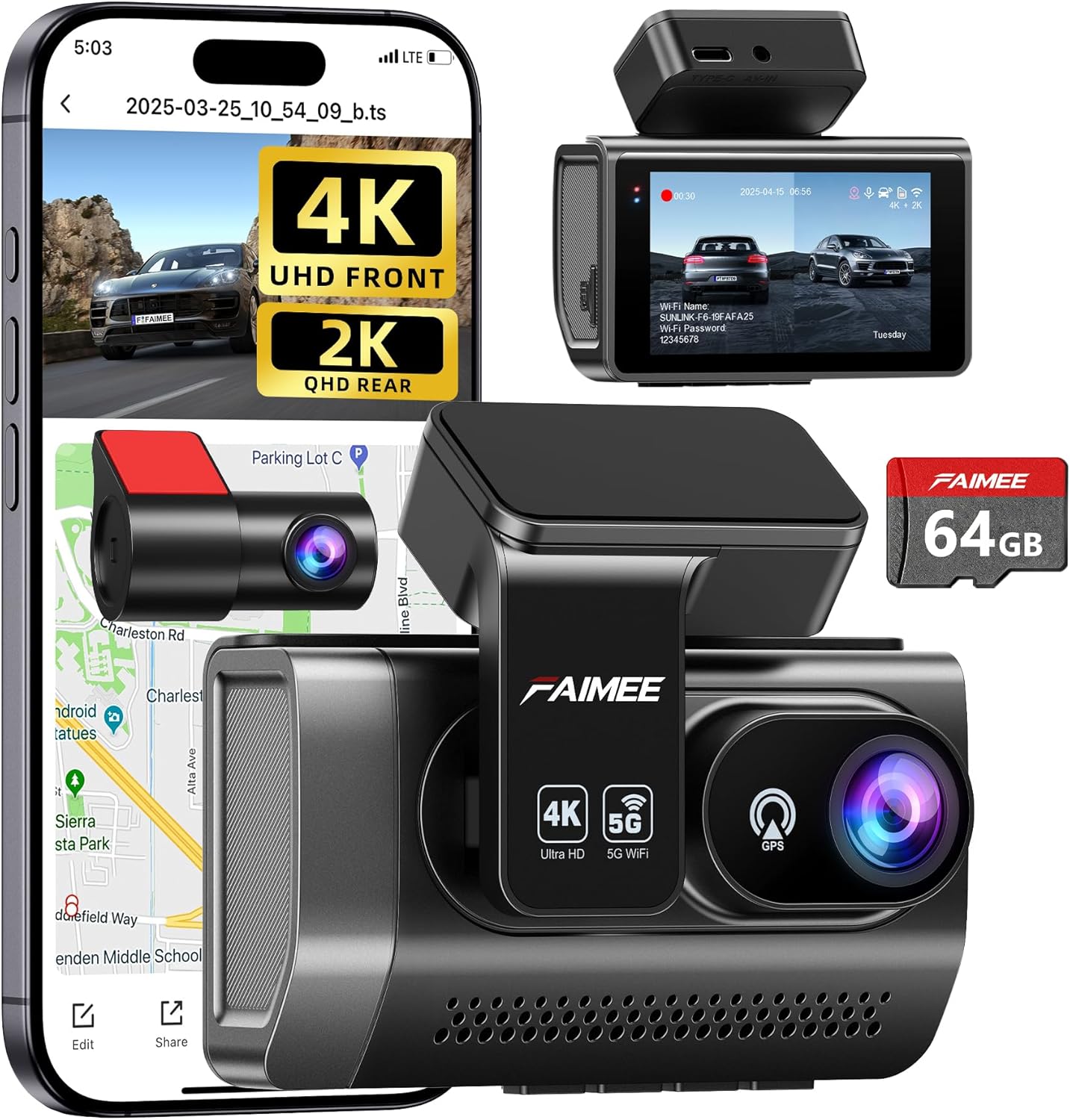 4K + 2K Dash Cam Front & Rear – Dual Car Camera with GPS, Dual WiFi, Night Vision, WDR, 170° Wide Angle & 24H Parking Monitor (64GB Included)