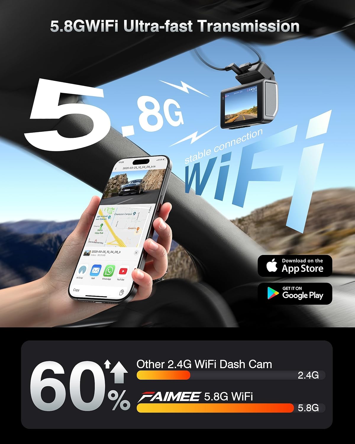 ORANGLES 4K + 2K Dash Cam Front & Rear – Dual Car Camera with GPS, Dual WiFi, Night Vision, WDR, 170° Wide Angle & 24H Parking Monitor (64GB Included) - detailed closeup view - Image 3 of 7 | great for travel | Texas | Free Shipping ORANGLES