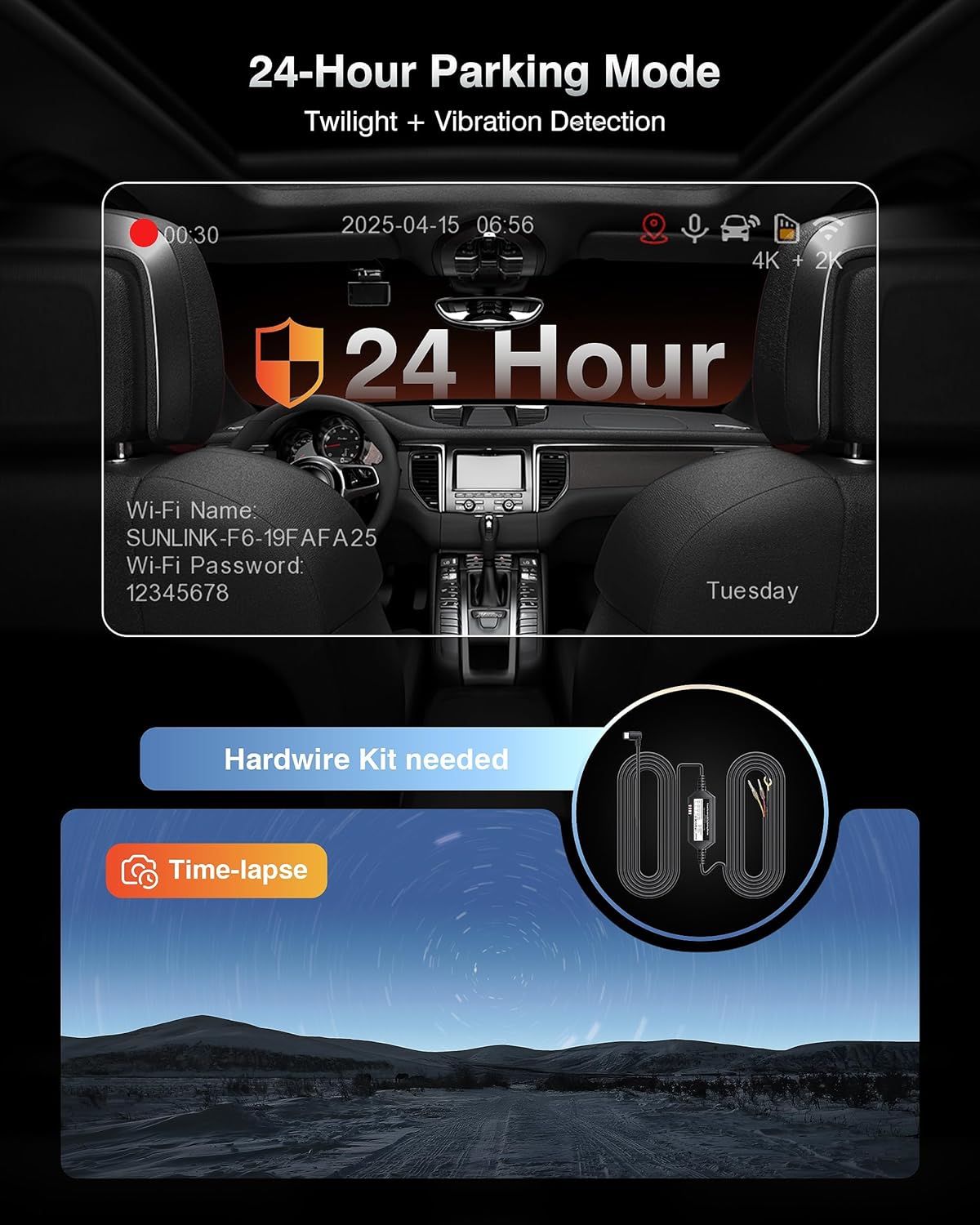 ORANGLES 4K + 2K Dash Cam Front & Rear – Dual Car Camera with GPS, Dual WiFi, Night Vision, WDR, 170° Wide Angle & 24H Parking Monitor (64GB Included) - full product showcase - Image 5 of 7 | suitable for professionals | Florida | Free Shipping ORANGLES