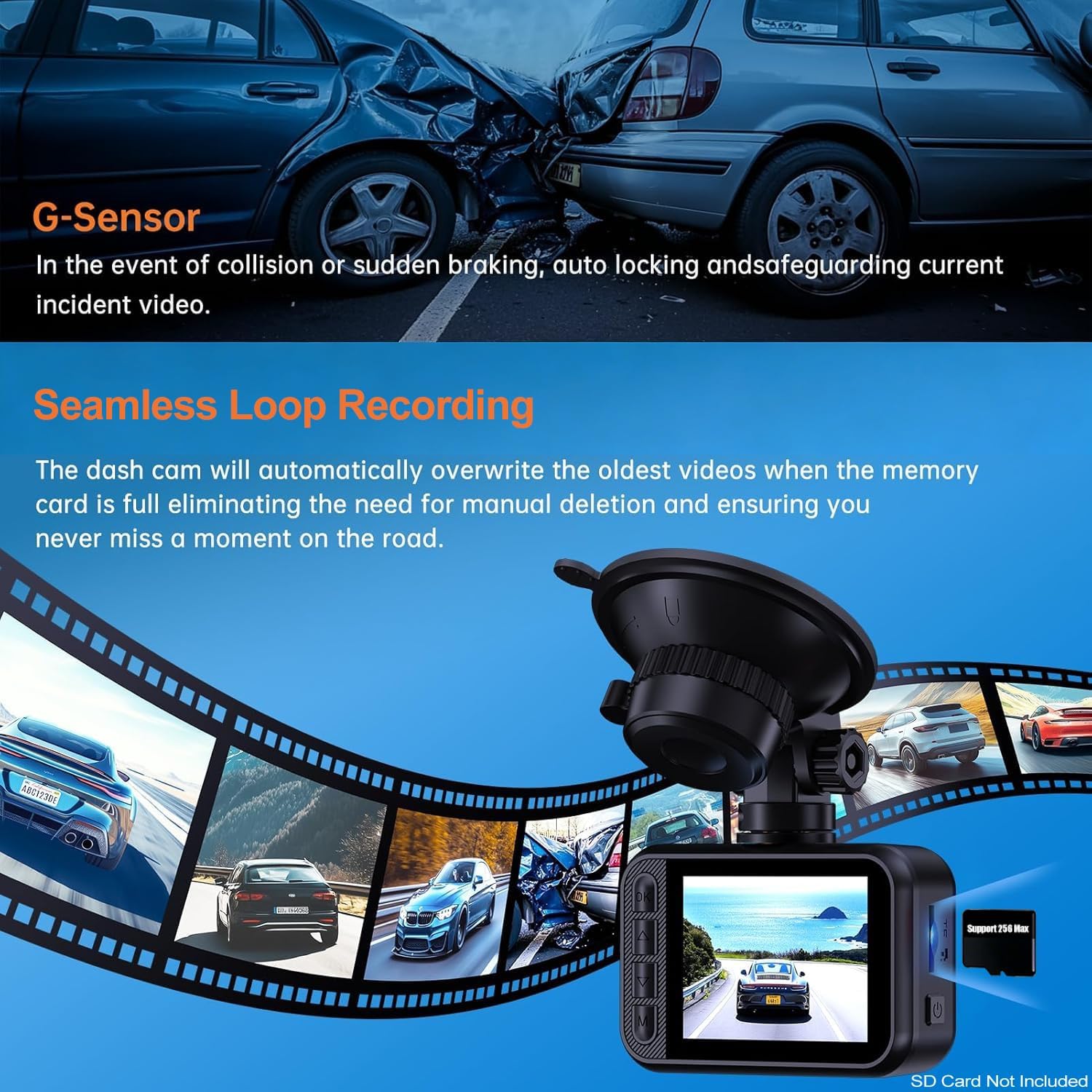 ORANGLES E-YEEGER 2.5K Dash Cam Front & Rear – Mini Dual Car Camera with WDR Night Vision, 2” IPS Screen, G-Sensor & 24H Parking Monitor - high resolution display - Image 2 of 5 | perfect for office | California | Free Shipping ORANGLES