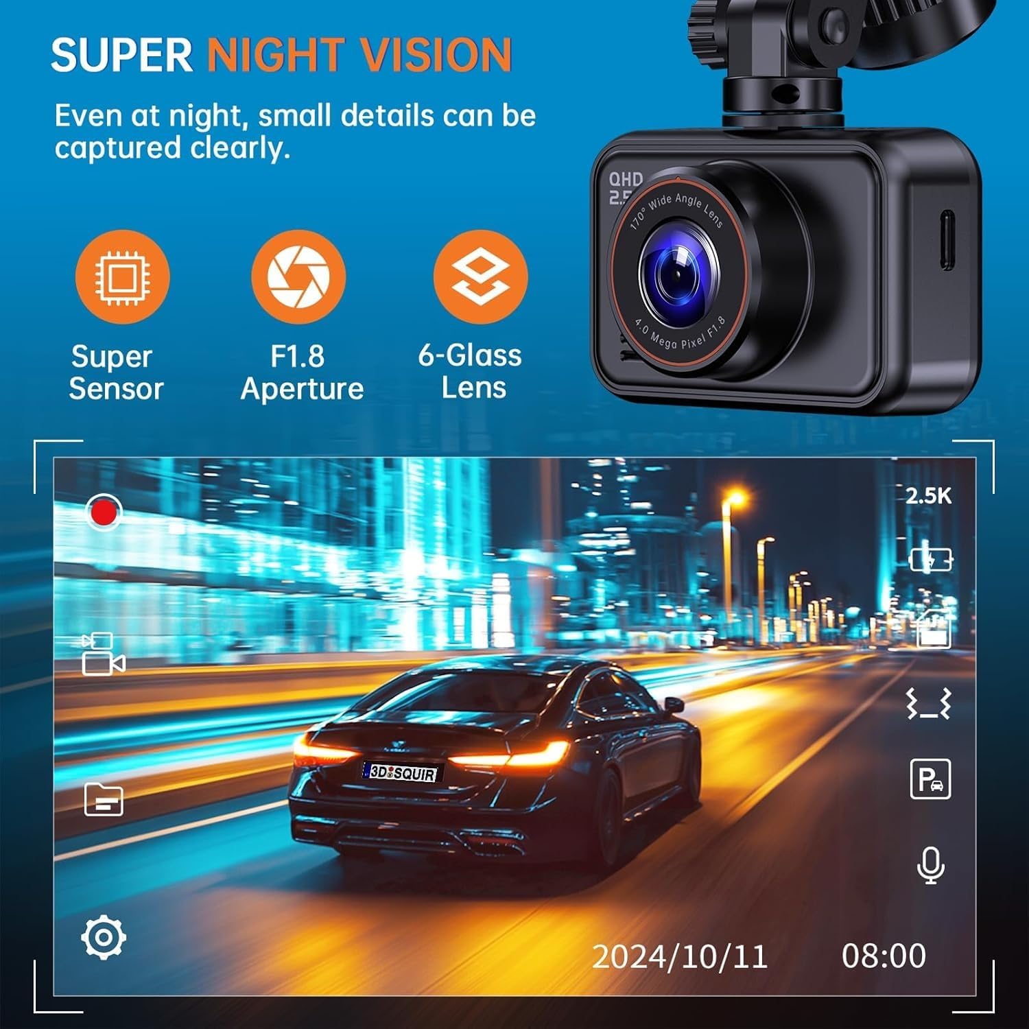 ORANGLES E-YEEGER 2.5K Dash Cam Front & Rear – Mini Dual Car Camera with WDR Night Vision, 2” IPS Screen, G-Sensor & 24H Parking Monitor - detailed closeup view - Image 3 of 5 | great for travel | Texas | Free Shipping ORANGLES