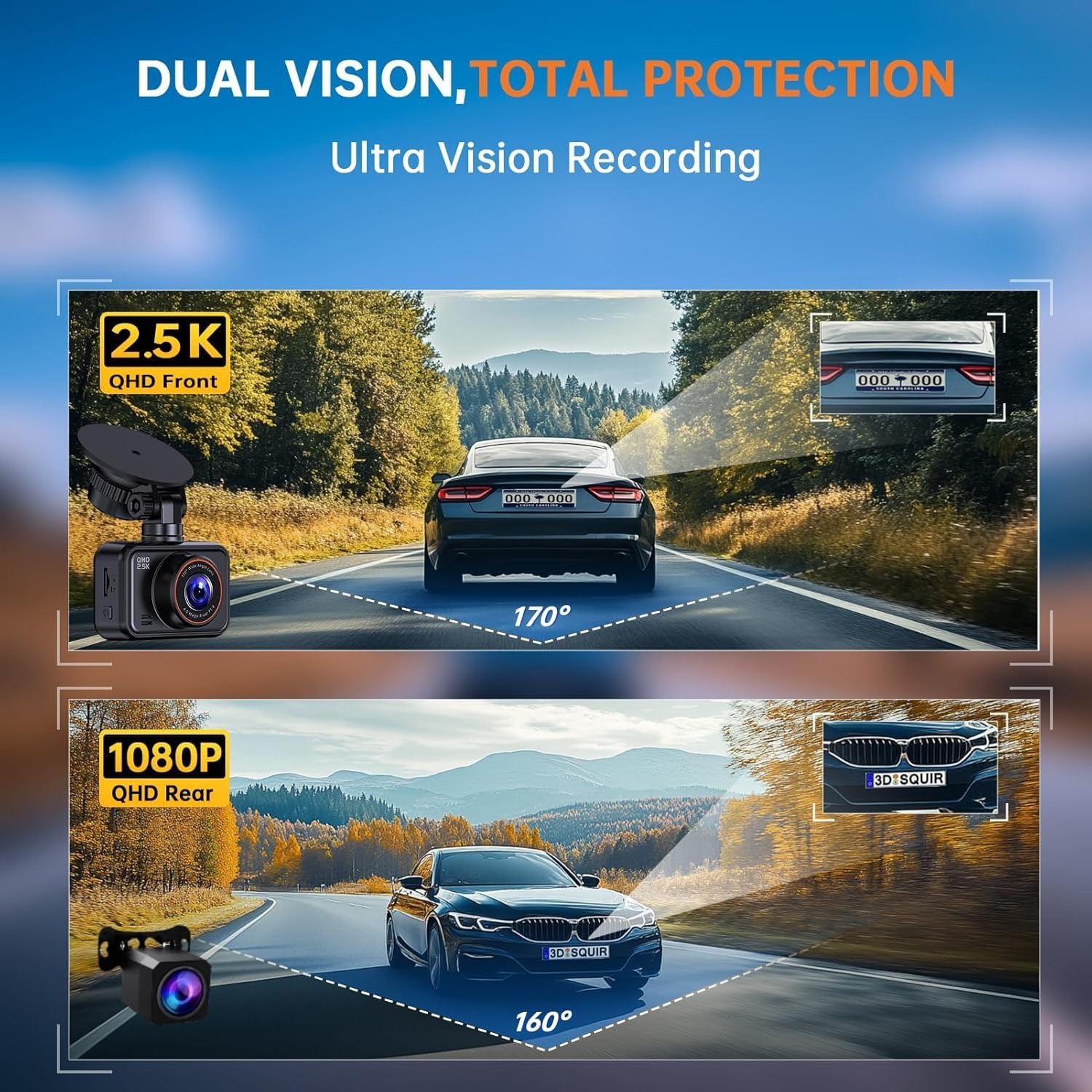 ORANGLES E-YEEGER 2.5K Dash Cam Front & Rear – Mini Dual Car Camera with WDR Night Vision, 2” IPS Screen, G-Sensor & 24H Parking Monitor - angled perspective - Image 4 of 5 | excellent for daily use | New York | Free Shipping ORANGLES