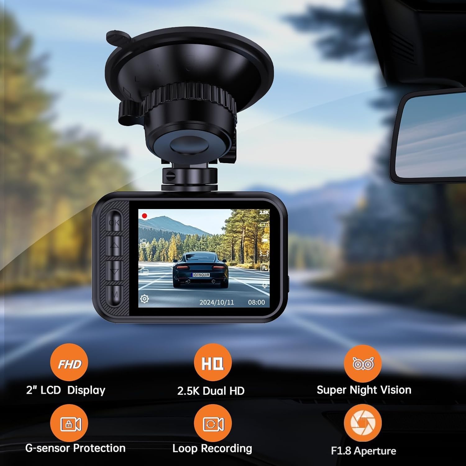 ORANGLES E-YEEGER 2.5K Dash Cam Front & Rear – Mini Dual Car Camera with WDR Night Vision, 2” IPS Screen, G-Sensor & 24H Parking Monitor - full product showcase - Image 5 of 5 | suitable for professionals | Florida | Free Shipping ORANGLES