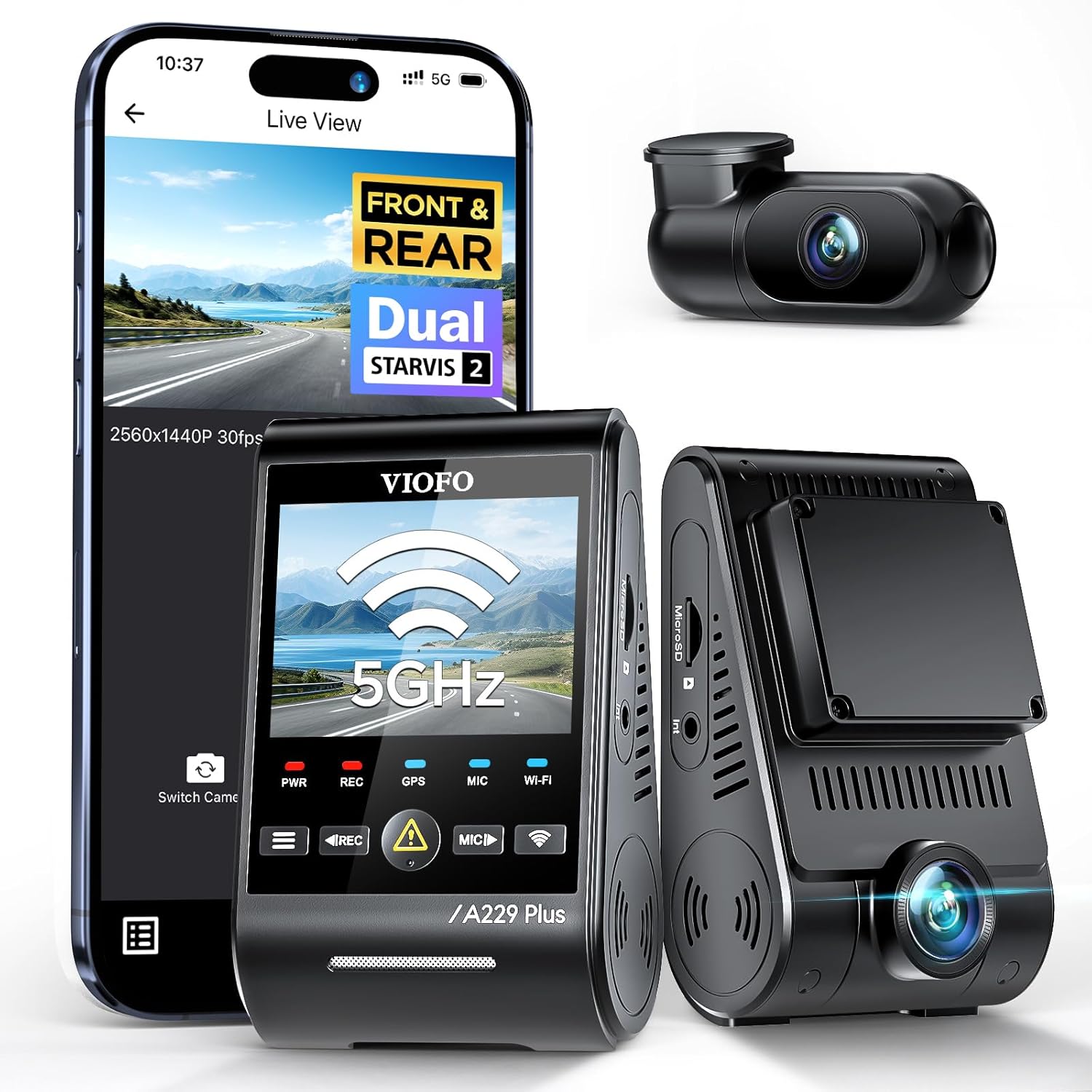 VIOFO A229 Plus Dash Cam Front & Rear – Dual STARVIS 2 HDR 1440P Car Camera with 5GHz WiFi, Voice Control & Ultra-Precise GPS