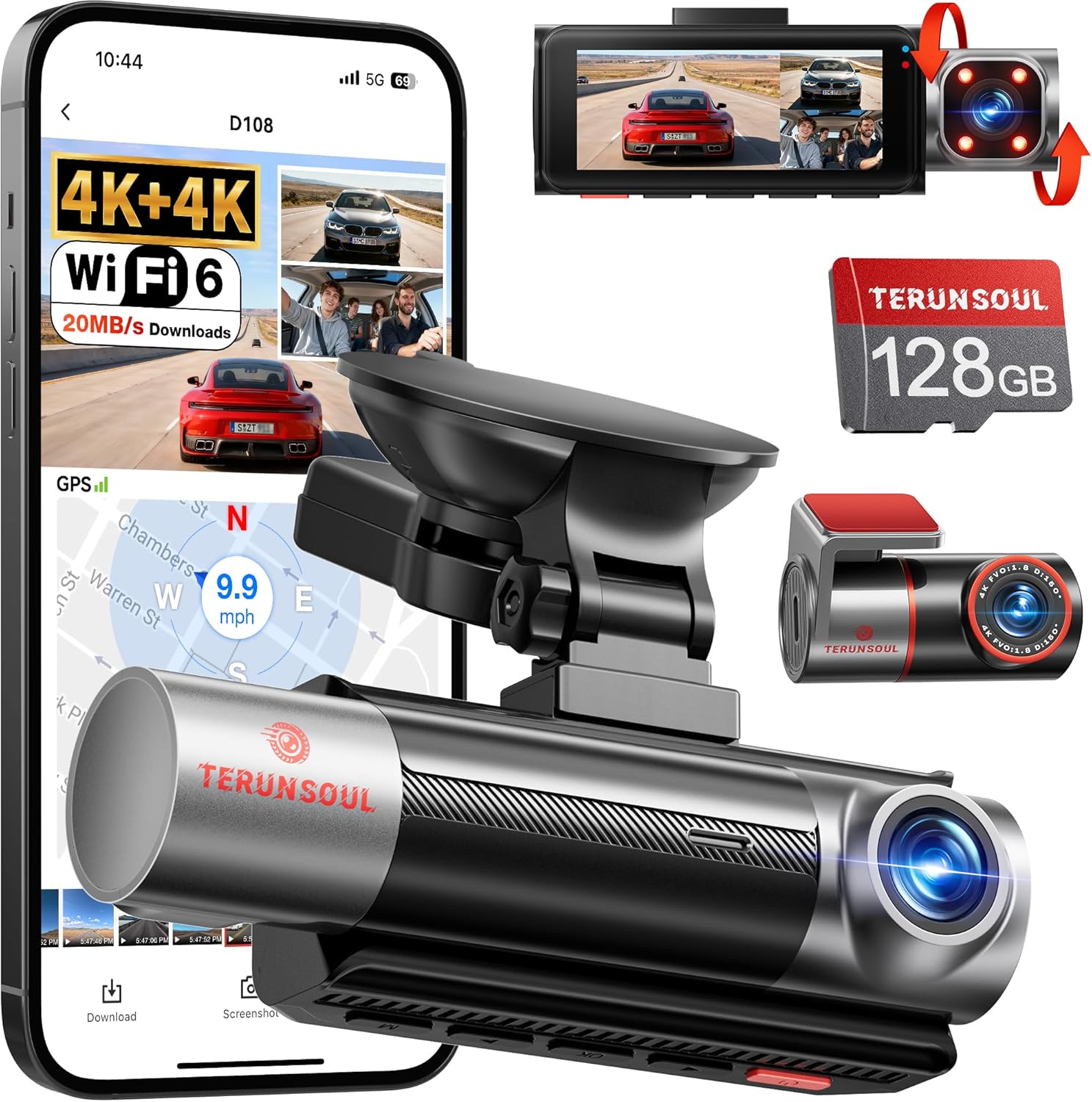 4K + 4K + 1080P 3-Channel Dash Cam Front, Rear & Cabin – WiFi 6 Car Camera with GPS, IR Night Vision, 24H Parking Mode & Free 128GB Card