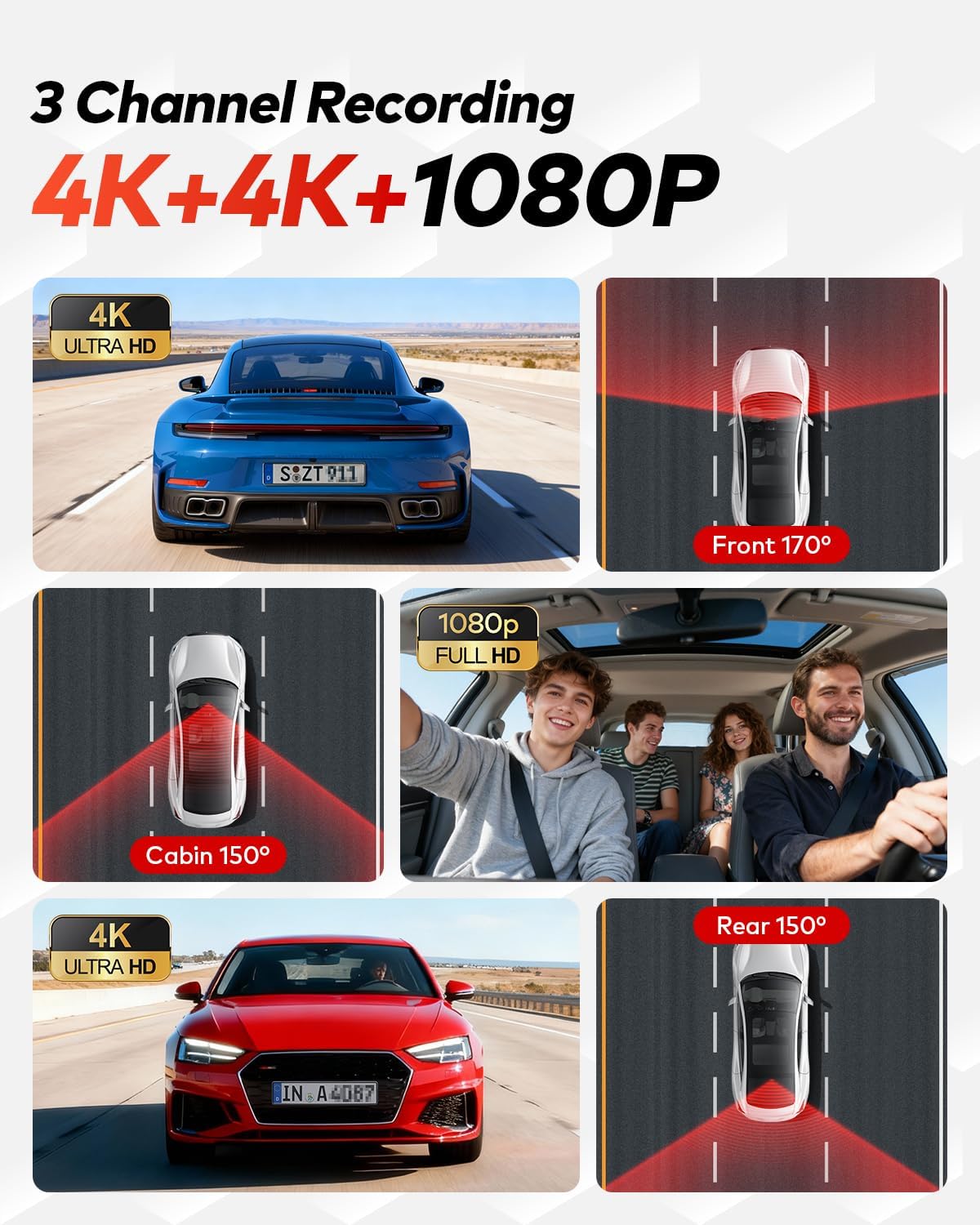 ORANGLES 4K + 4K + 1080P 3-Channel Dash Cam Front, Rear & Cabin – WiFi 6 Car Camera with GPS, IR Night Vision, 24H Parking Mode & Free 128GB Card - full product showcase - Image 5 of 5 | suitable for professionals | Florida | Free Shipping ORANGLES