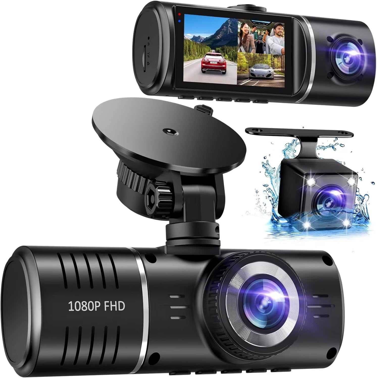 1080P 3-Channel Dash Cam Front, Rear & Inside – Triple Car Camera with Night Vision, HDR, G-Sensor & 24Hr Parking Monitor (32GB Included)