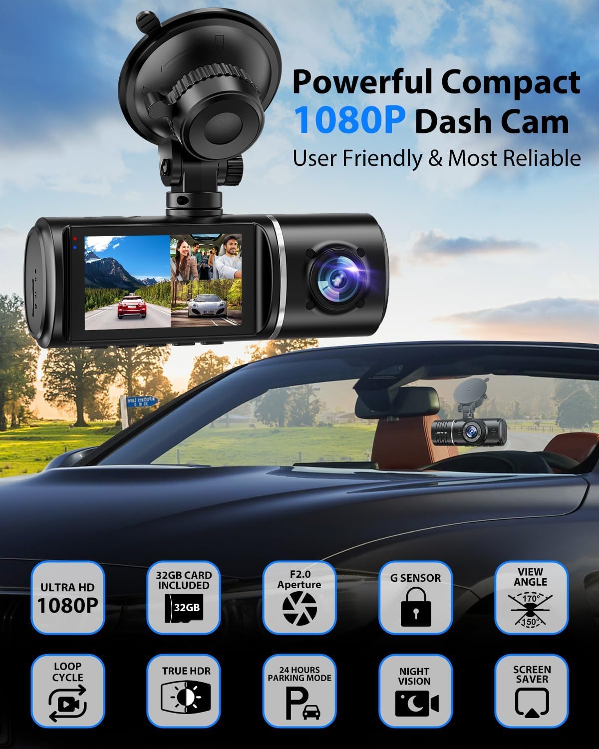 ORANGLES 1080P 3-Channel Dash Cam Front, Rear & Inside – Triple Car Camera with Night Vision, HDR, G-Sensor & 24Hr Parking Monitor (32GB Included) - high resolution display - Image 2 of 3 | perfect for office | California | Free Shipping ORANGLES