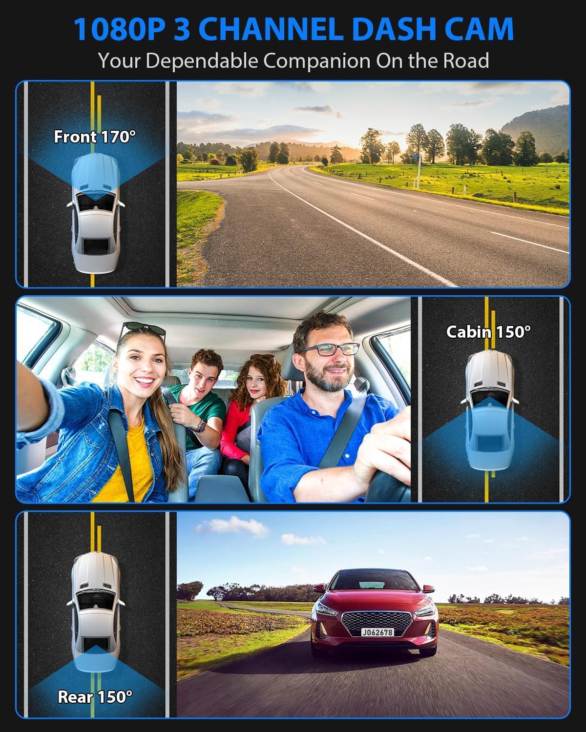 ORANGLES 1080P 3-Channel Dash Cam Front, Rear & Inside – Triple Car Camera with Night Vision, HDR, G-Sensor & 24Hr Parking Monitor (32GB Included) - detailed closeup view - Image 3 of 3 | great for travel | Texas | Free Shipping ORANGLES