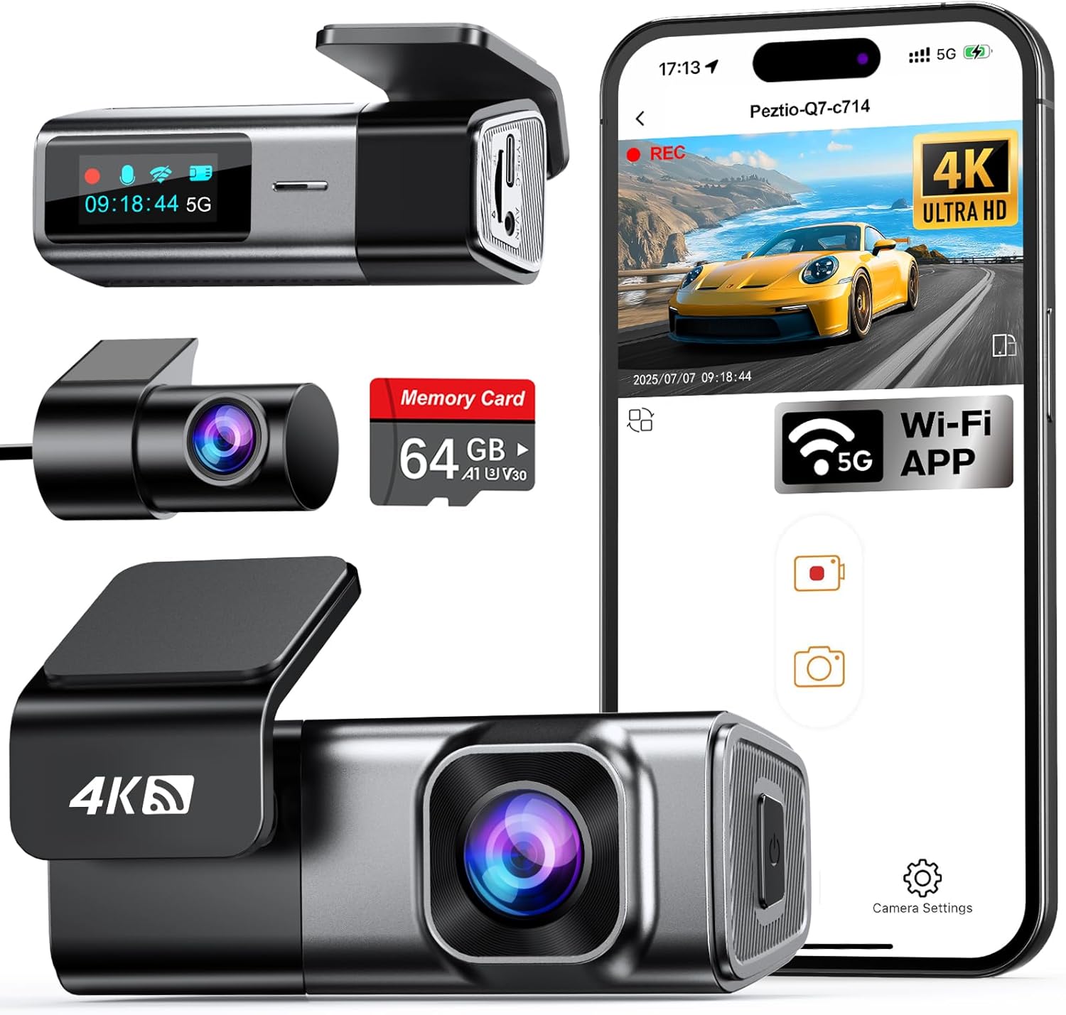 Navycrest 4K Dash Cam Front & Rear – Dual Car Camera with 5G WiFi, 64GB Card, Loop Recording & 24-Hour Parking Mode