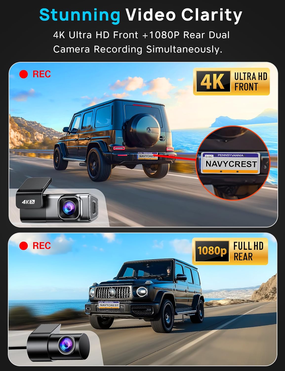 ORANGLES Navycrest 4K Dash Cam Front & Rear – Dual Car Camera with 5G WiFi, 64GB Card, Loop Recording & 24-Hour Parking Mode - full product showcase - Image 5 of 5 | suitable for professionals | Florida | Free Shipping ORANGLES
