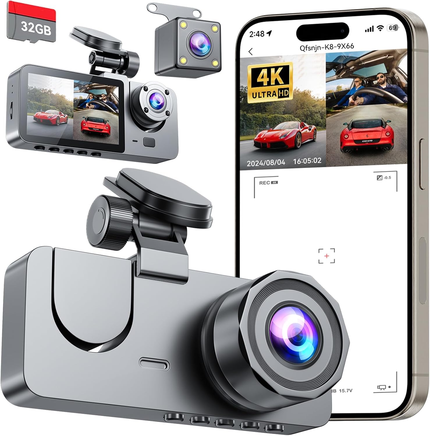 4K 3-Channel Dash Cam Front, Rear & Inside – Full UHD Car Camera with IR Night Vision, Loop Recording, G-Sensor & 24-Hour Recording (32GB Included)
