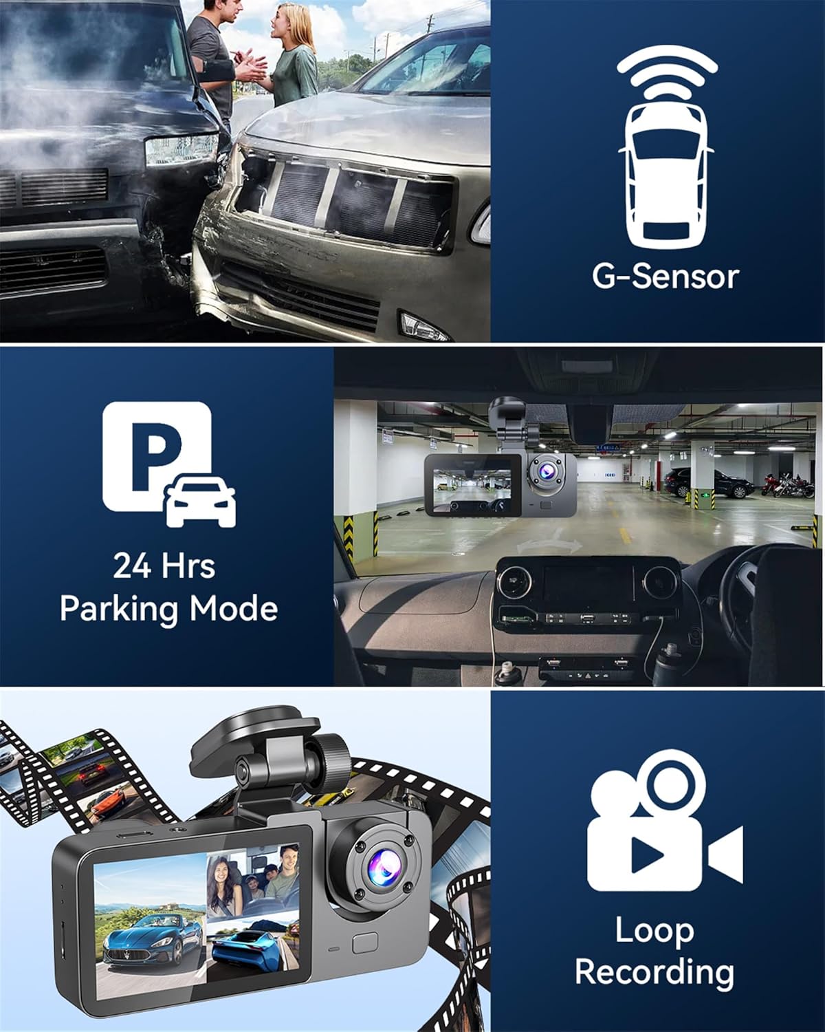 ORANGLES 4K 3-Channel Dash Cam Front, Rear & Inside – Full UHD Car Camera with IR Night Vision, Loop Recording, G-Sensor & 24-Hour Recording (32GB Included) - angled perspective - Image 4 of 5 | excellent for daily use | New York | Free Shipping ORANGLES
