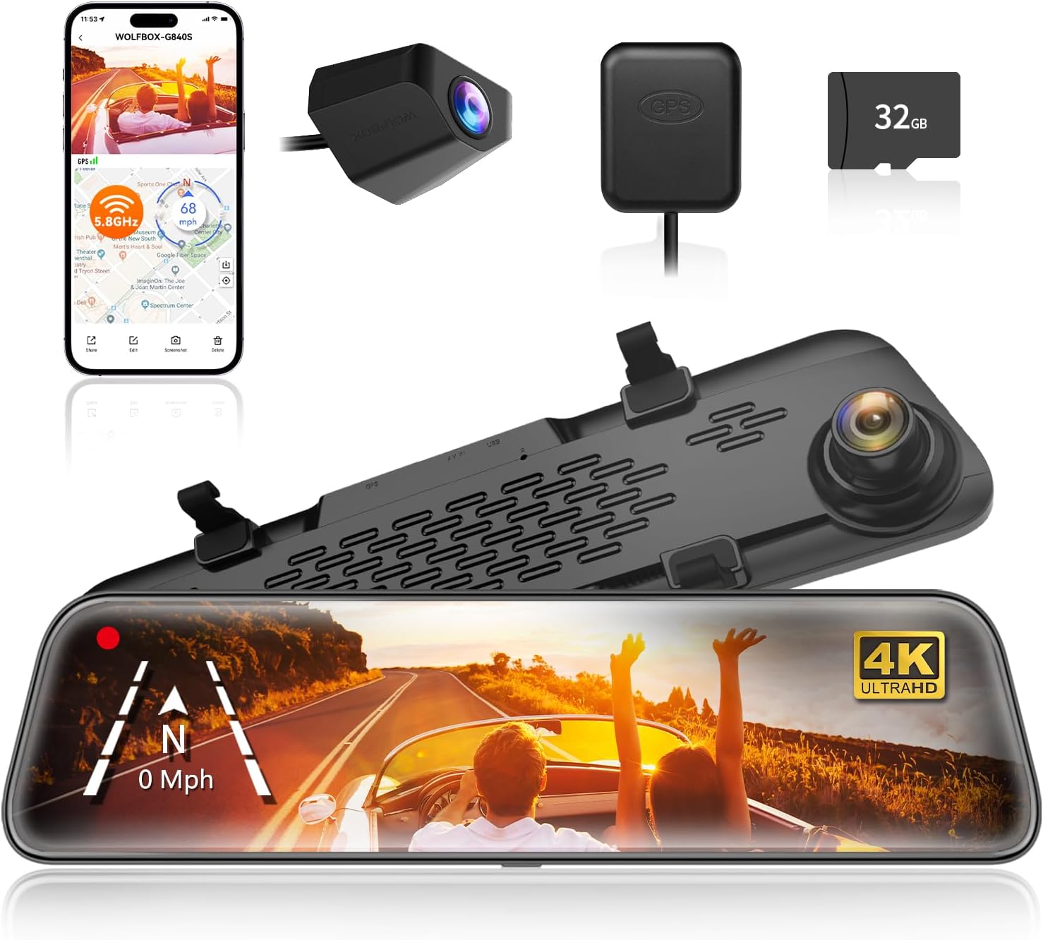 WOLFBOX G840S 12” 4K Mirror Dash Cam – Smart Rearview Mirror Camera with 5.8GHz WiFi, GPS, Front & Rear Cameras, Night Vision & Parking Assistance