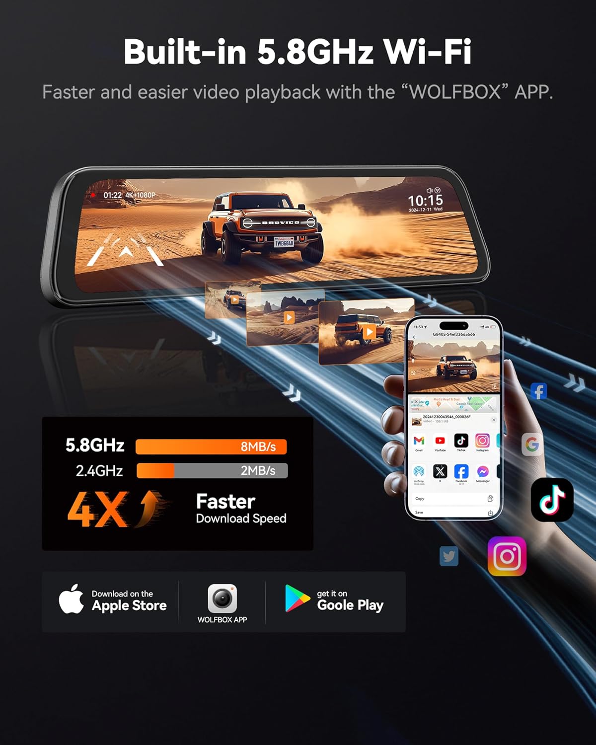 ORANGLES WOLFBOX G840S 12” 4K Mirror Dash Cam – Smart Rearview Mirror Camera with 5.8GHz WiFi, GPS, Front & Rear Cameras, Night Vision & Parking Assistance - high resolution display - Image 2 of 4 | perfect for office | California | Free Shipping ORANGLES
