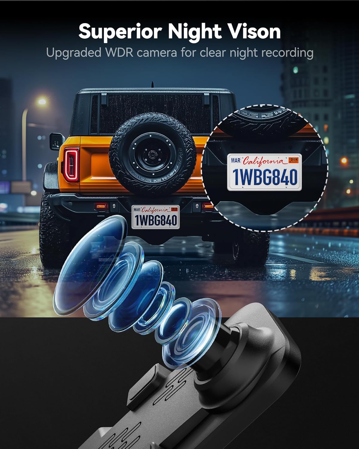 ORANGLES WOLFBOX G840S 12” 4K Mirror Dash Cam – Smart Rearview Mirror Camera with 5.8GHz WiFi, GPS, Front & Rear Cameras, Night Vision & Parking Assistance - detailed closeup view - Image 3 of 4 | great for travel | Texas | Free Shipping ORANGLES