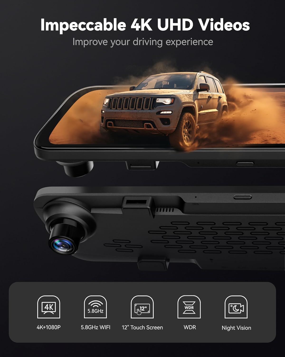 ORANGLES WOLFBOX G840S 12” 4K Mirror Dash Cam – Smart Rearview Mirror Camera with 5.8GHz WiFi, GPS, Front & Rear Cameras, Night Vision & Parking Assistance - angled perspective - Image 4 of 4 | excellent for daily use | New York | Free Shipping ORANGLES