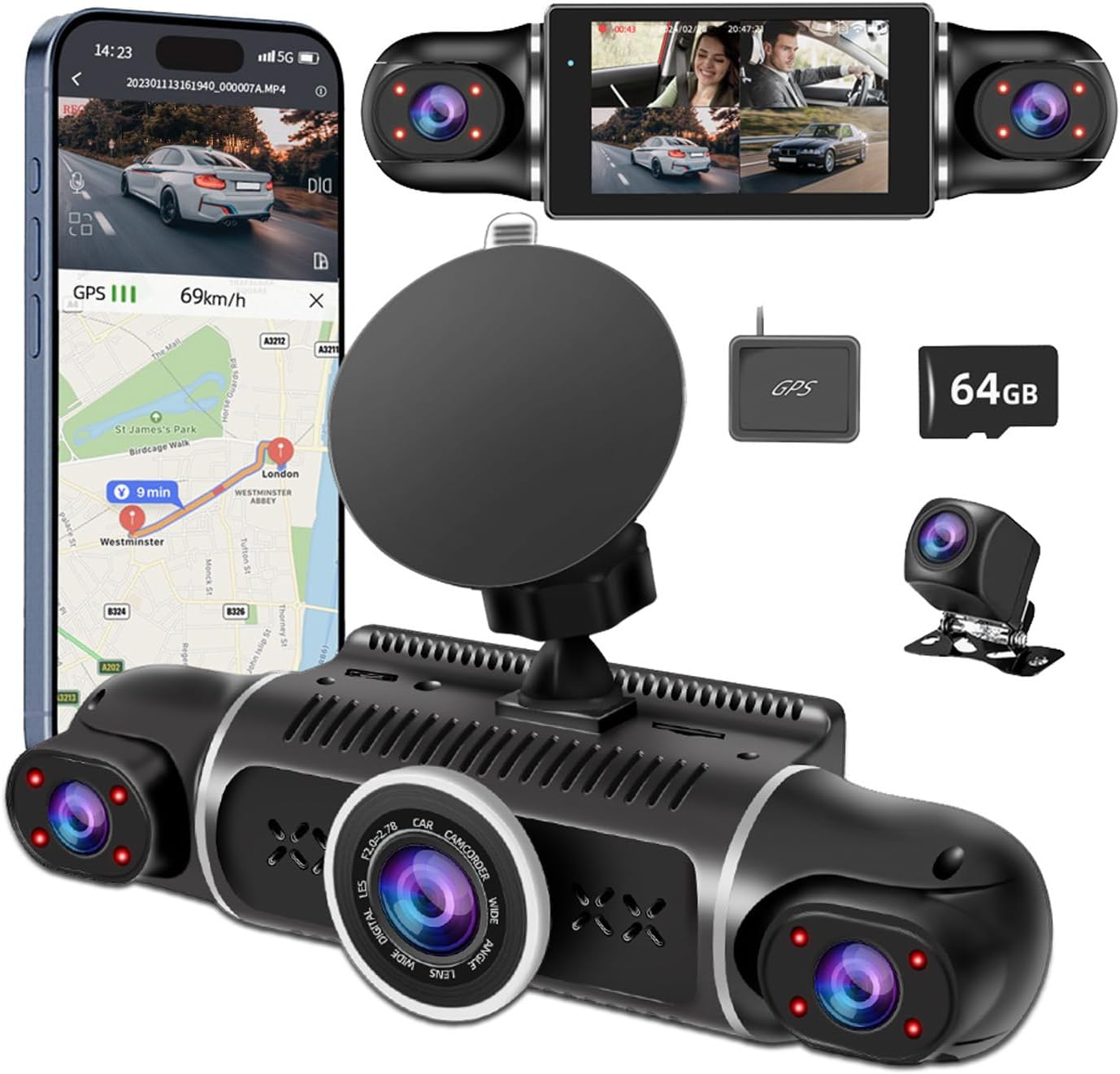 360° 4-Channel Dash Cam Front, Rear & Inside – FHD 2K + 1080P Triple Camera System with WiFi, GPS, IR Night Vision & 24/7 Parking Mode
