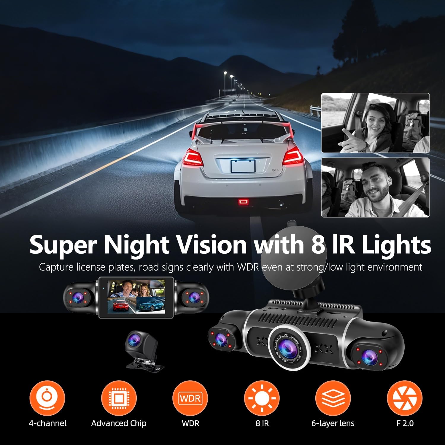 ORANGLES 360° 4-Channel Dash Cam Front, Rear & Inside – FHD 2K + 1080P Triple Camera System with WiFi, GPS, IR Night Vision & 24/7 Parking Mode - high resolution display - Image 2 of 5 | perfect for office | California | Free Shipping ORANGLES