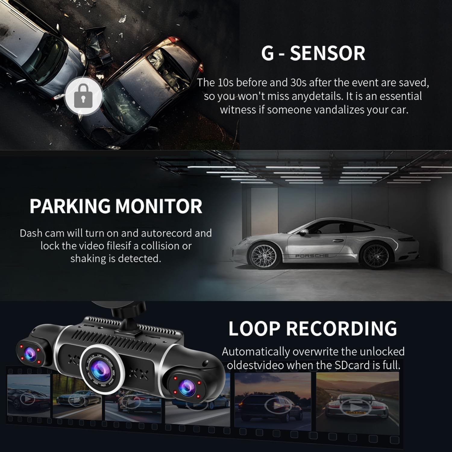 ORANGLES 360° 4-Channel Dash Cam Front, Rear & Inside – FHD 2K + 1080P Triple Camera System with WiFi, GPS, IR Night Vision & 24/7 Parking Mode - detailed closeup view - Image 3 of 5 | great for travel | Texas | Free Shipping ORANGLES
