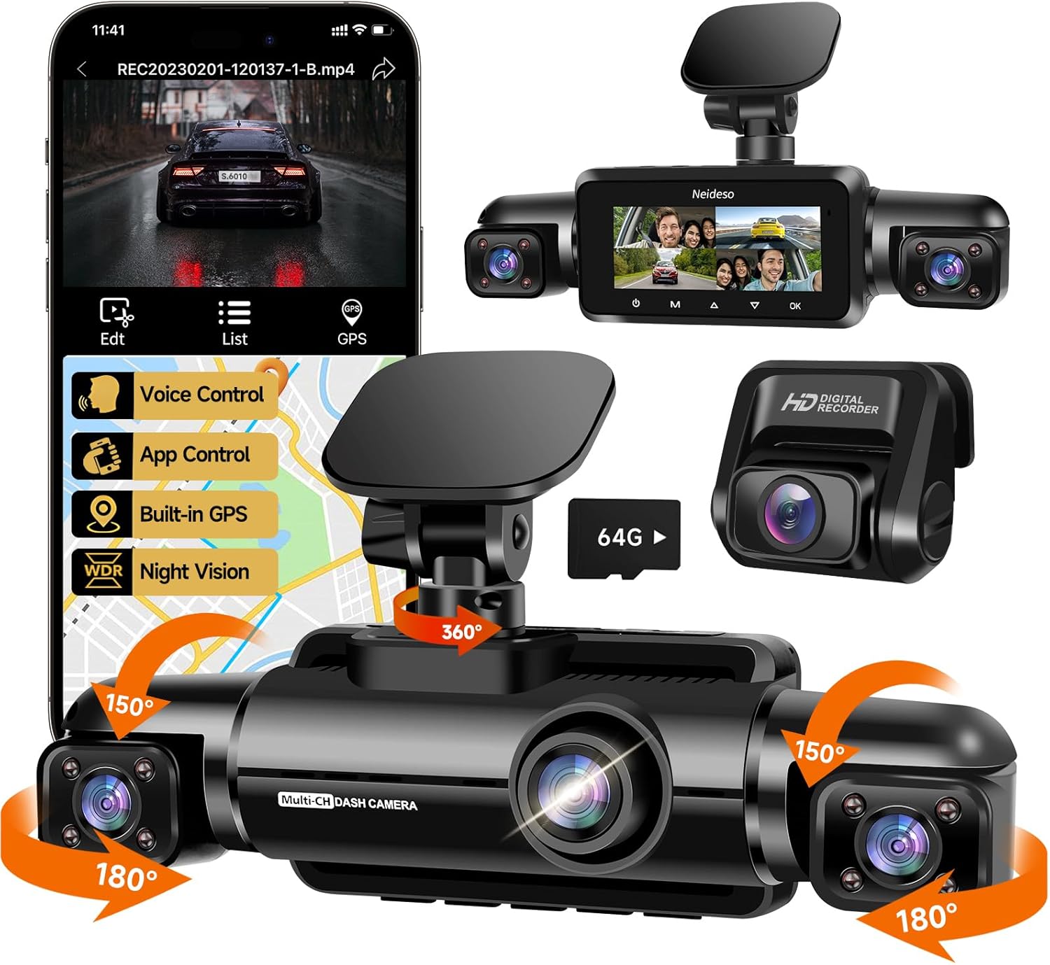 Neideso N300 360° 4-Channel Dash Cam – Front, Rear & Inside Car Camera with WiFi, GPS, Voice Control, Night Vision & 24H Parking Mode