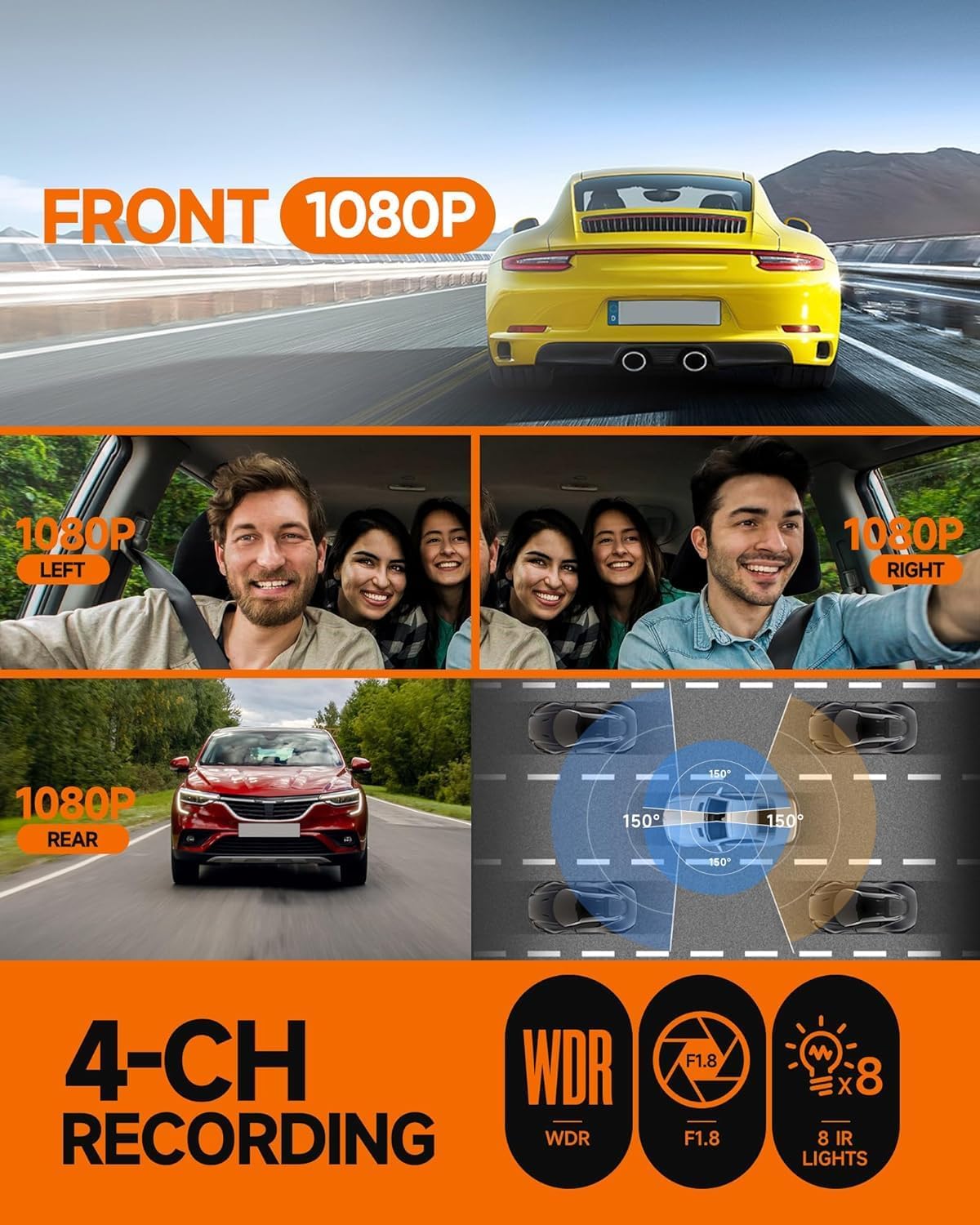 ORANGLES Neideso N300 360° 4-Channel Dash Cam – Front, Rear & Inside Car Camera with WiFi, GPS, Voice Control, Night Vision & 24H Parking Mode - high resolution display - Image 2 of 5 | perfect for office | California | Free Shipping ORANGLES