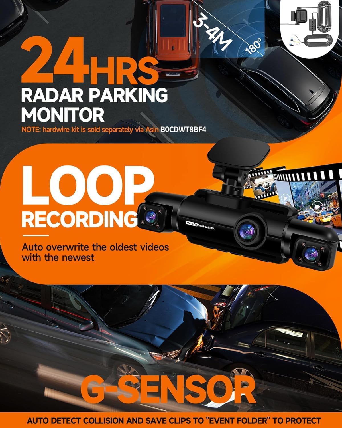 ORANGLES Neideso N300 360° 4-Channel Dash Cam – Front, Rear & Inside Car Camera with WiFi, GPS, Voice Control, Night Vision & 24H Parking Mode - angled perspective - Image 4 of 5 | excellent for daily use | New York | Free Shipping ORANGLES