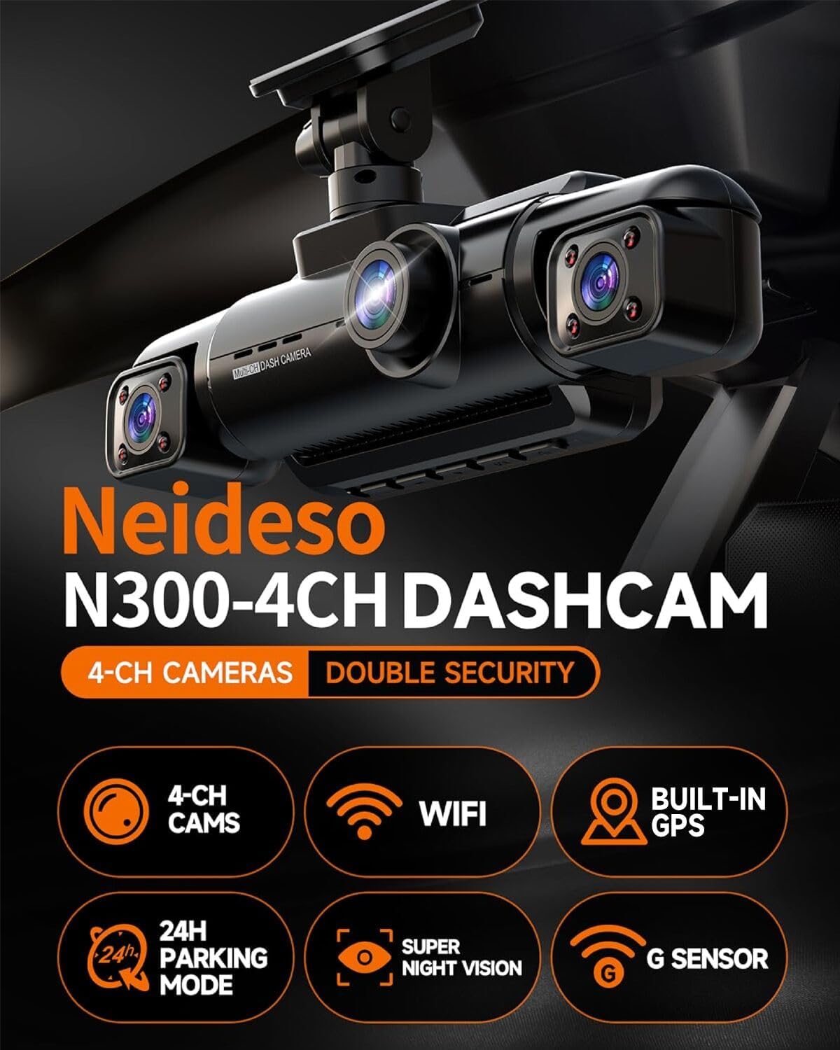 ORANGLES Neideso N300 360° 4-Channel Dash Cam – Front, Rear & Inside Car Camera with WiFi, GPS, Voice Control, Night Vision & 24H Parking Mode - full product showcase - Image 5 of 5 | suitable for professionals | Florida | Free Shipping ORANGLES