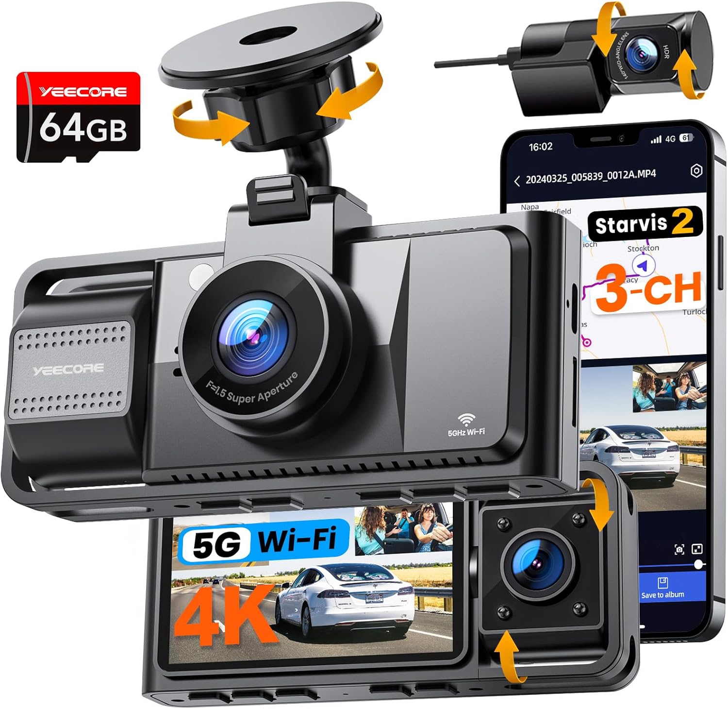 Real 4K 3-Channel Dash Cam Front, Rear & Inside – STARVIS 2 HDR Car Camera with 5.8GHz WiFi, GPS, IR Night Vision & 24Hr Parking Monitor