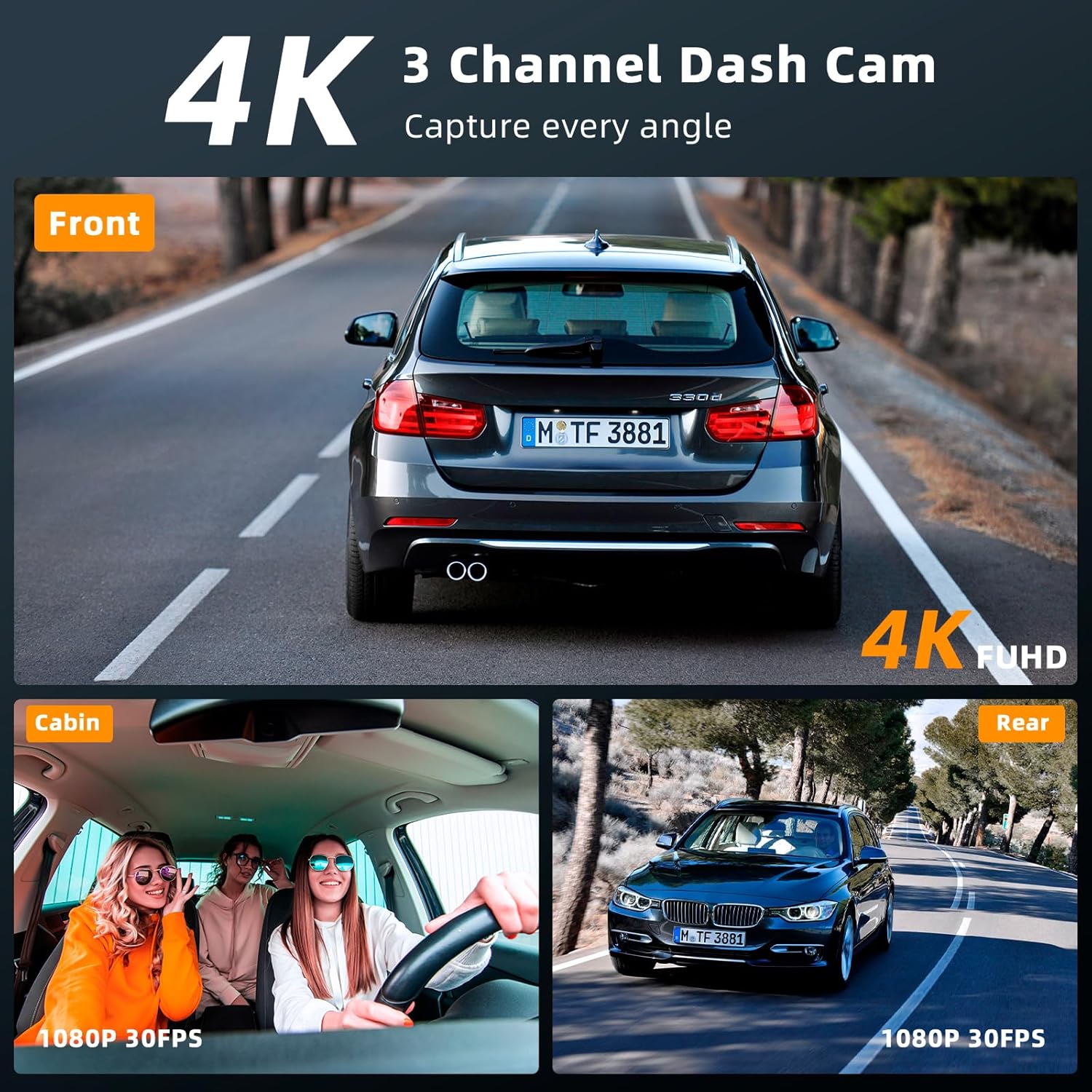 ORANGLES Real 4K 3-Channel Dash Cam Front, Rear & Inside – STARVIS 2 HDR Car Camera with 5.8GHz WiFi, GPS, IR Night Vision & 24Hr Parking Monitor - angled perspective - Image 4 of 4 | excellent for daily use | New York | Free Shipping ORANGLES