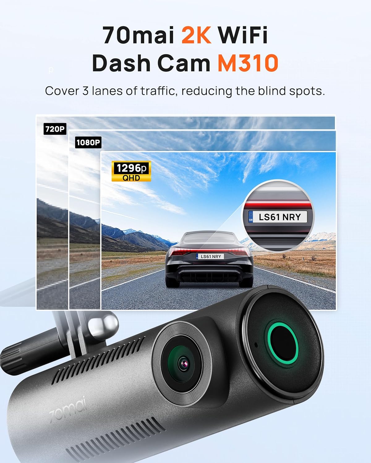 ORANGLES 70mai Dash Cam M310 – 1296P QHD Smart Front Dash Camera with WiFi, Night Vision, WDR, Parking Monitor & Mobile App Support - angled perspective - Image 4 of 4 | excellent for daily use | New York | Free Shipping ORANGLES