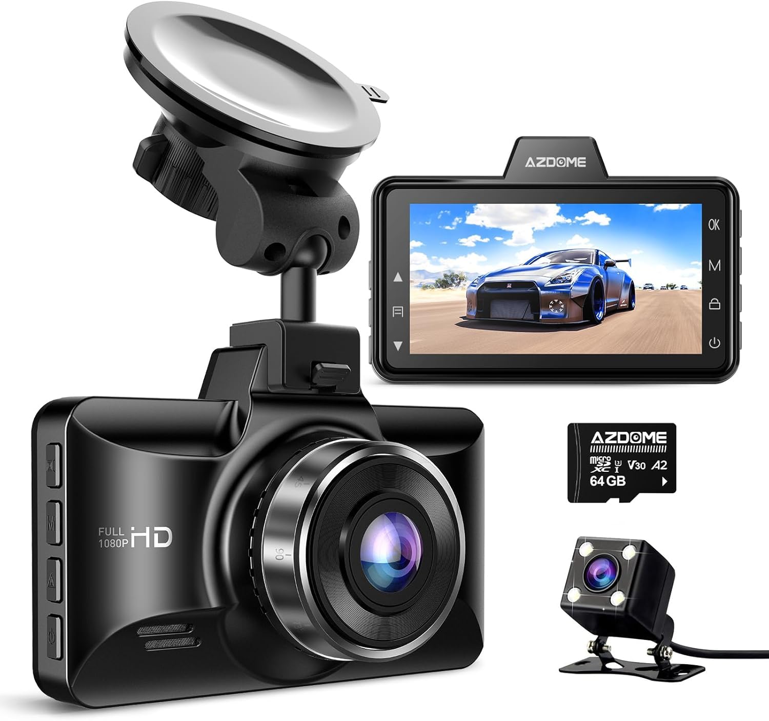 AZDOME M01 Pro Dual Dash Cam Front & Rear – 3” Screen Car Camera with ADAS, G-Sensor, 24H Parking Mode & Free 64GB Card