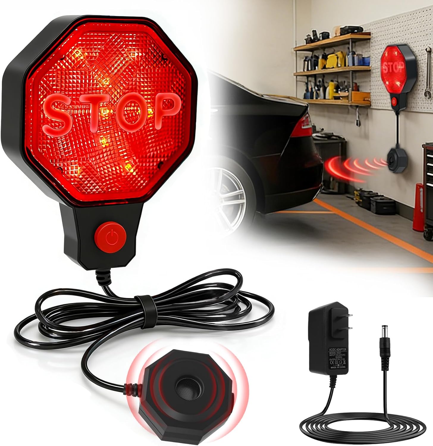 Garage Parking Sensor Aid – LED Parking Stop Indicator with Red/Yellow/Green Display, Adjustable 6”–6ft Distance Car Parking Assist System (Battery/Adapter Powered)