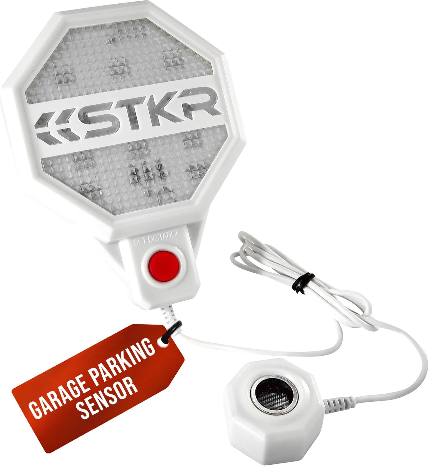 STKR Garage Parking Sensor – Ultrasonic Car Stop Assistant with LED Guide, Adjustable 6”–6ft Distance, Battery/USB Powered Wall-Mount Parking Aid (White)