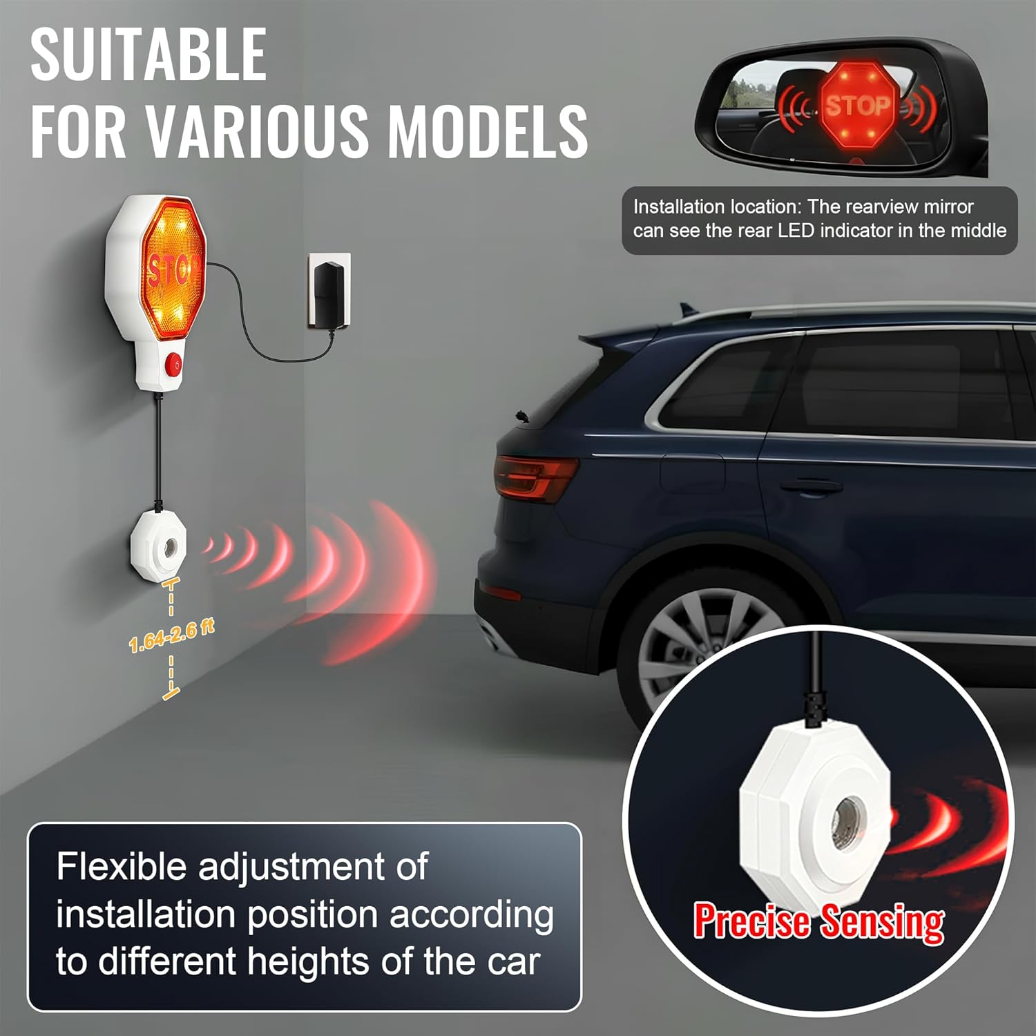 ORANGLES Adjustable Garage Parking Sensor with LED Display – No-Drill Parking Aid for Cars, SUVs & Trucks | 6”–6ft Stop Distance | Battery/USB Powered (White) - angled perspective - Image 4 of 5 | excellent for daily use | New York | Free Shipping ORANGLES