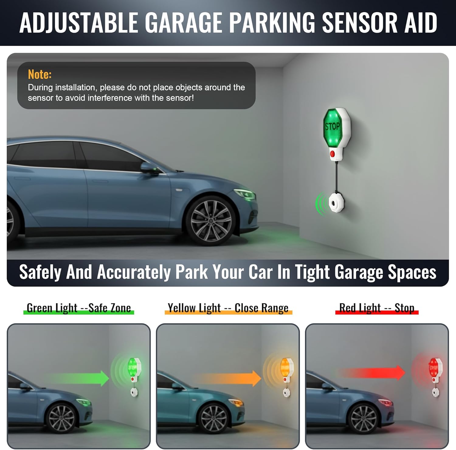 ORANGLES Adjustable Garage Parking Sensor with LED Display – No-Drill Parking Aid for Cars, SUVs & Trucks | 6”–6ft Stop Distance | Battery/USB Powered (White) - full product showcase - Image 5 of 5 | suitable for professionals | Florida | Free Shipping ORANGLES