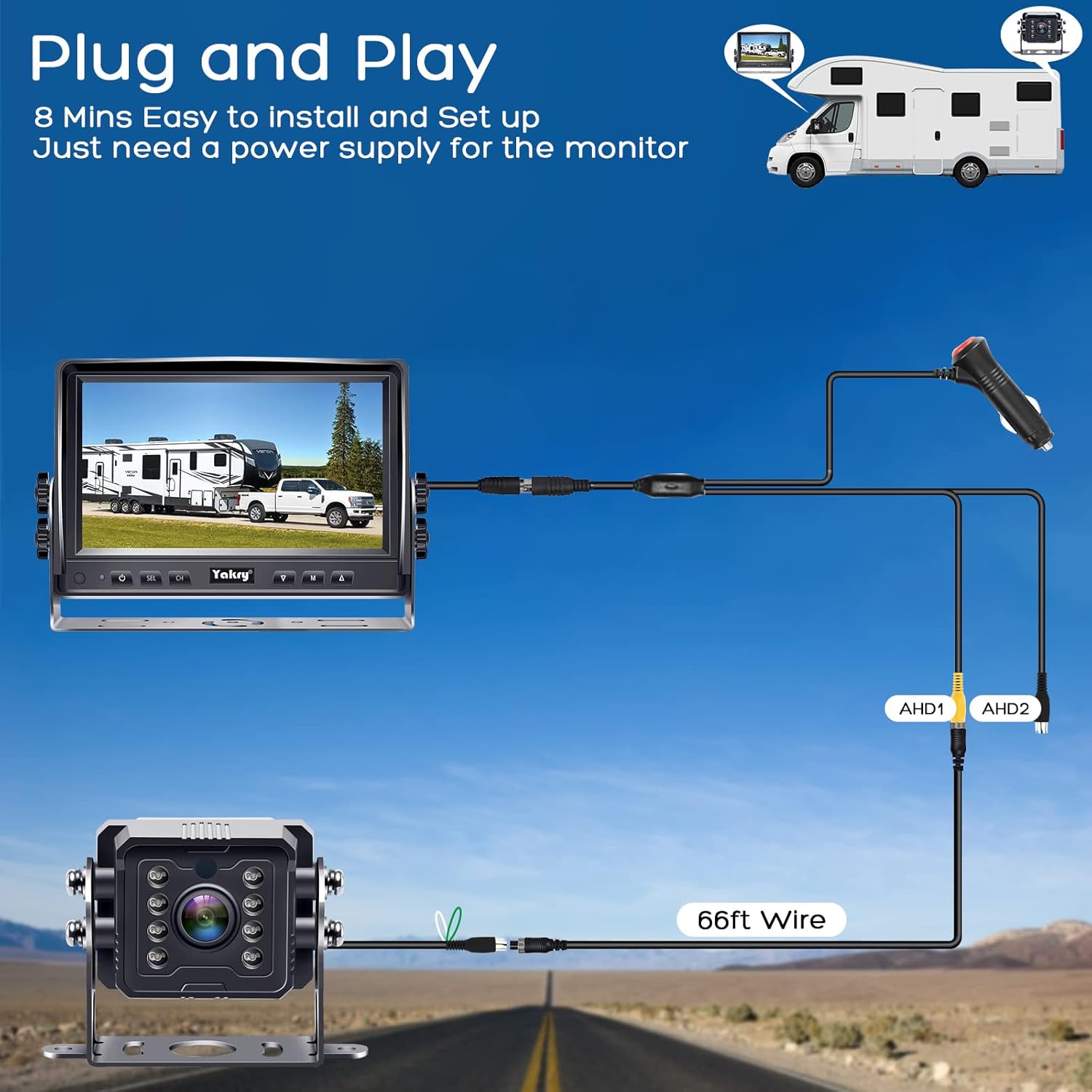ORANGLES Yakry Y14 RV Backup Camera System – 7” HD 1080P Plug-and-Play Rear View Camera with IR Night Vision for RVs, Trucks, Trailers & Campers - angled perspective - Image 4 of 4 | excellent for daily use | New York | Free Shipping ORANGLES