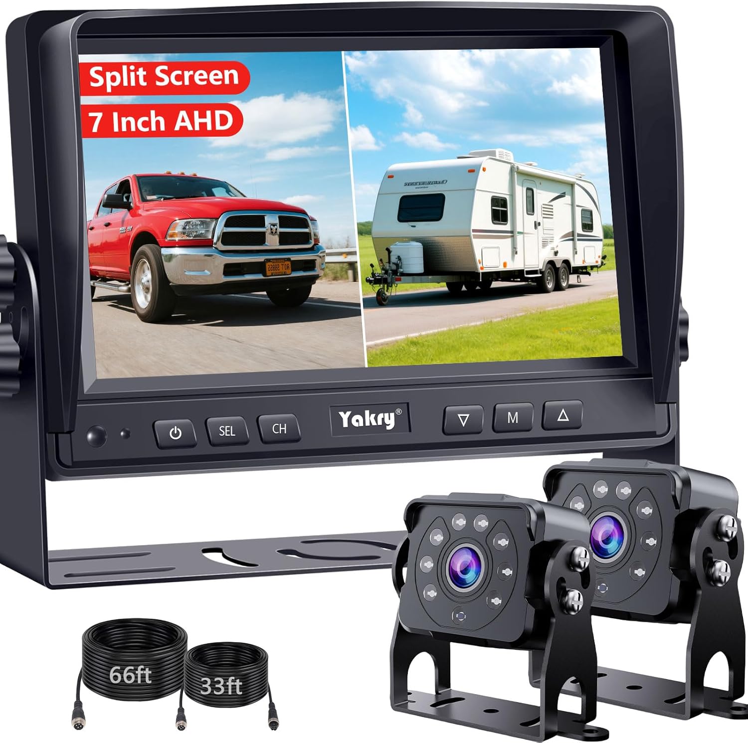 Dual RV Backup Camera System for Trucks – 7” HD Split Screen Reverse Camera with IR Night Vision & IP69 Waterproof Design for RVs, Trailers & Tractors