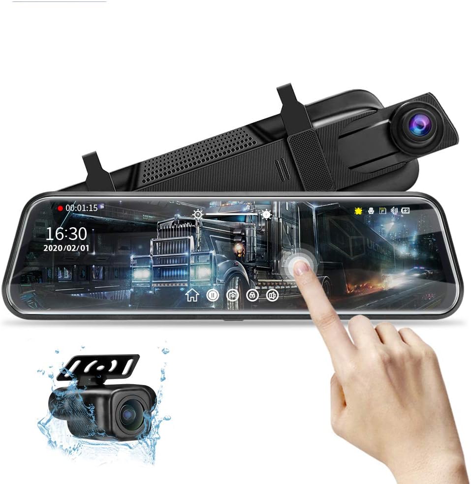 10” Mirror Dash Cam with Night Vision – 1080P FHD Touch Screen Front & Rear Backup Camera, Streaming Media Rear View Mirror with Parking Assistance