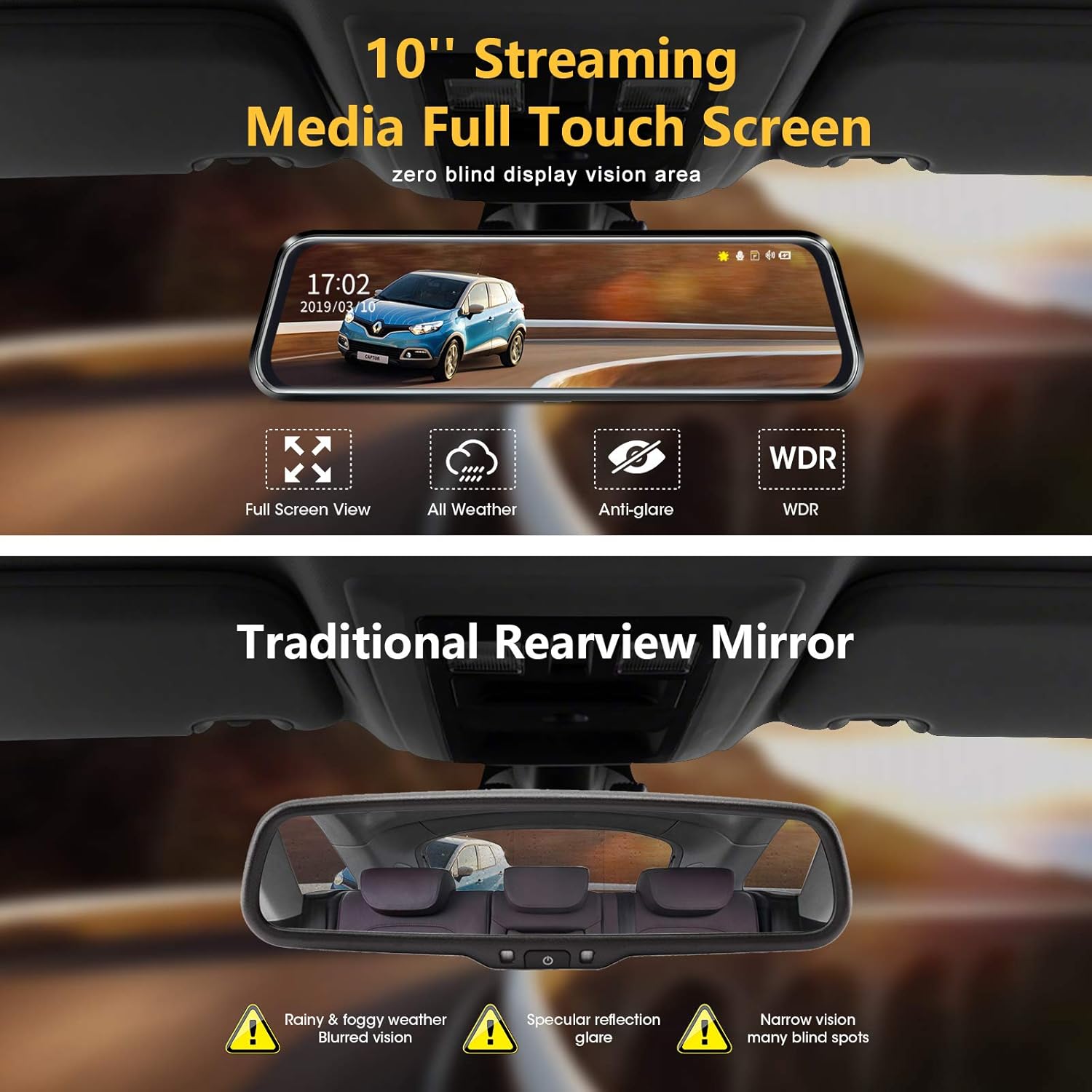 ORANGLES 10” Mirror Dash Cam with Night Vision – 1080P FHD Touch Screen Front & Rear Backup Camera, Streaming Media Rear View Mirror with Parking Assistance - detailed closeup view - Image 3 of 4 | great for travel | Texas | Free Shipping ORANGLES